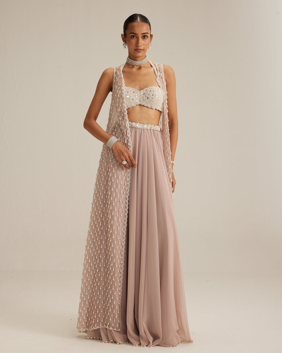 Ash Pink Pearl Drop Jacket Skirt Set