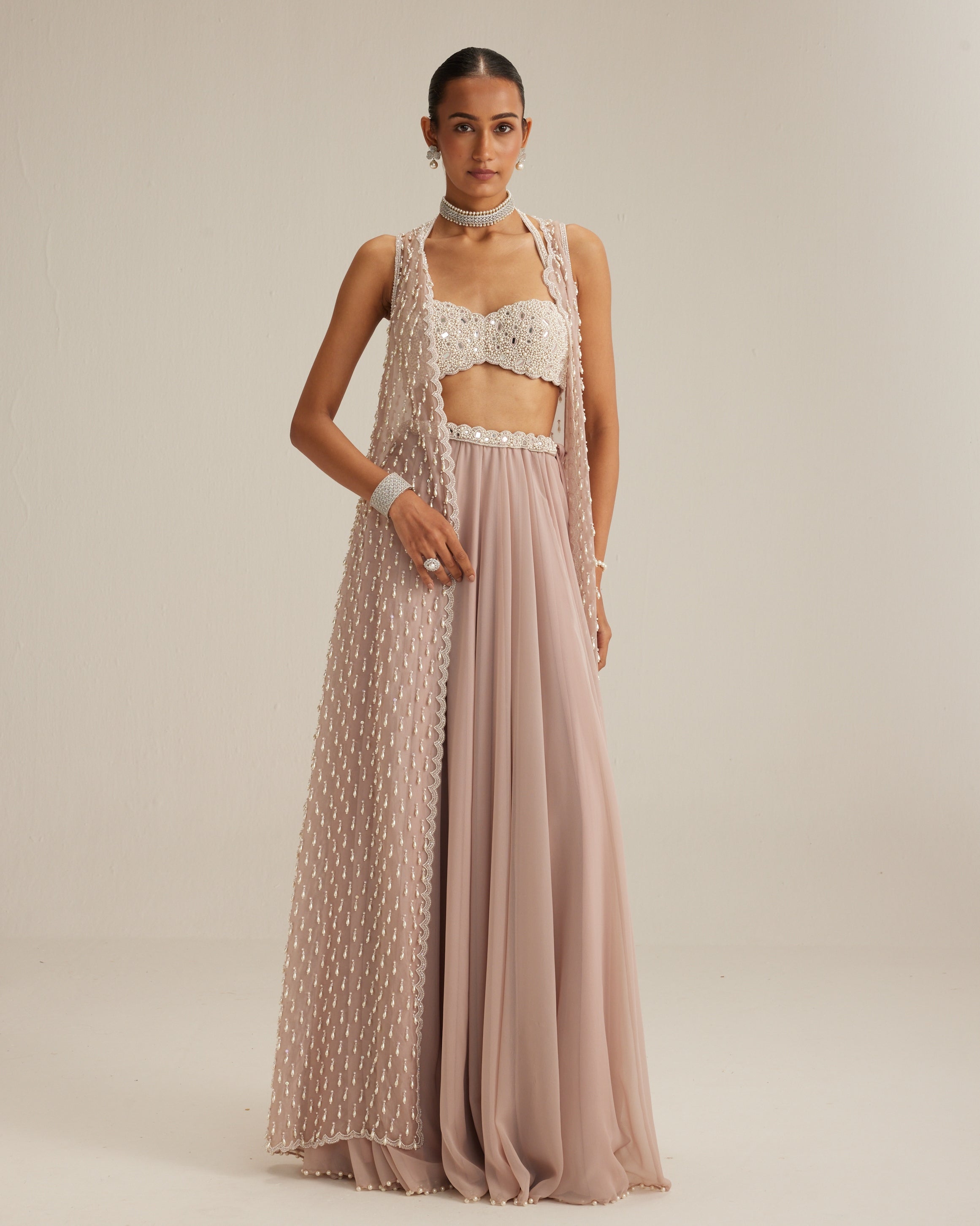 Ash Pink Pearl Drop Jacket Skirt Set