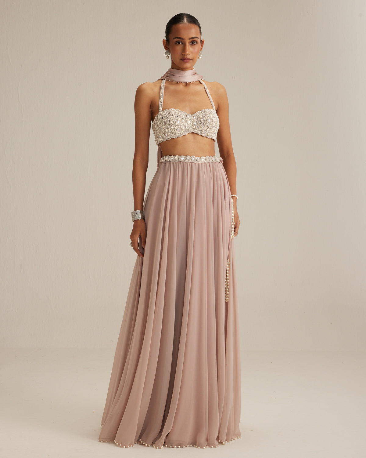 Ash Pink Georgette Skirt With Halter Neck Blouse And Stole