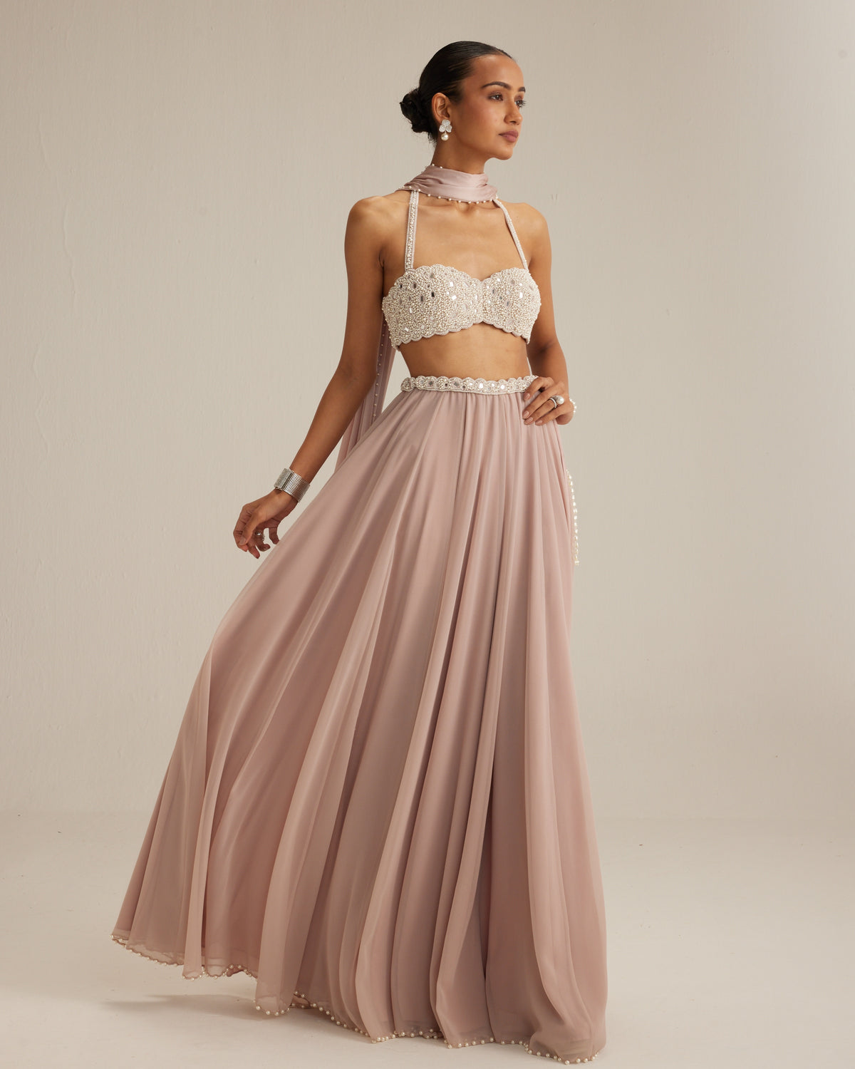 Ash Pink Georgette Skirt With Halter Neck Blouse And Stole