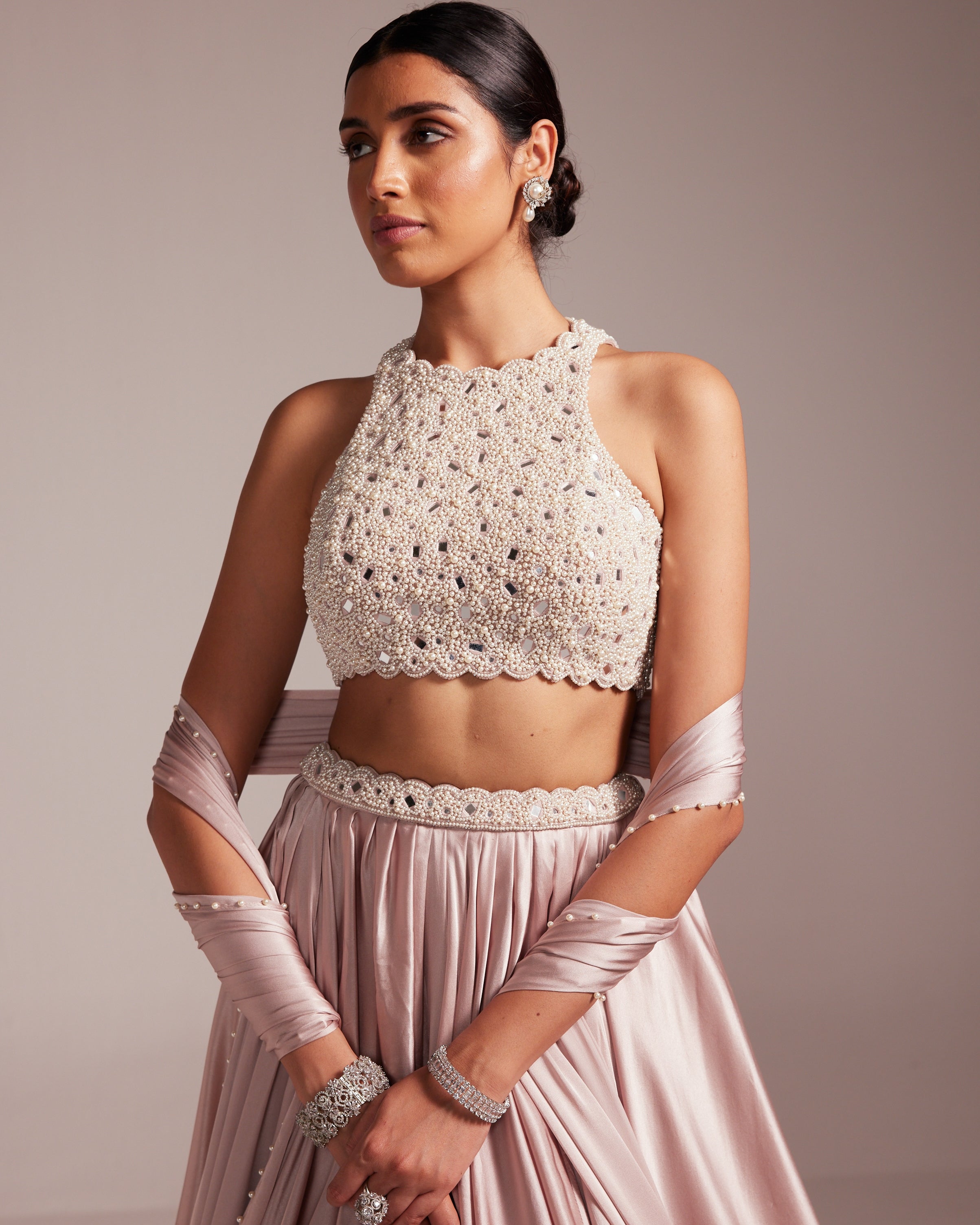 Ash Pink Satin Skirt Set