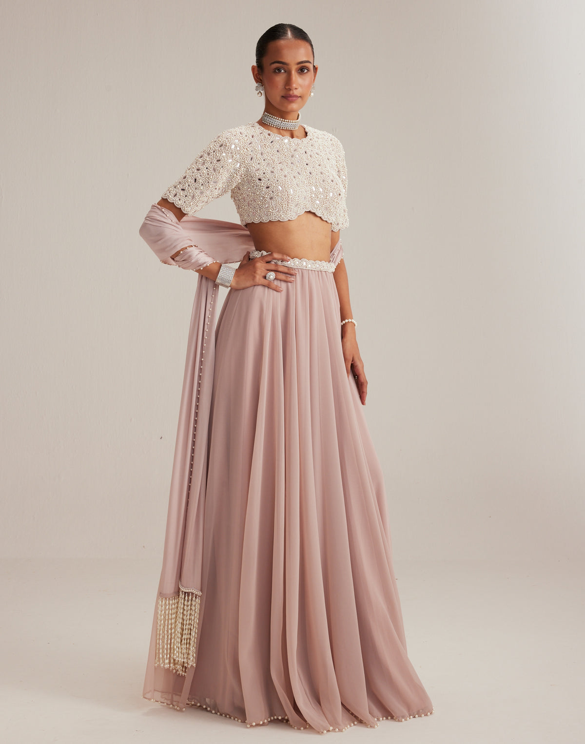 Ash Pink Georgette Skirt With High Neck Blouse And Stole