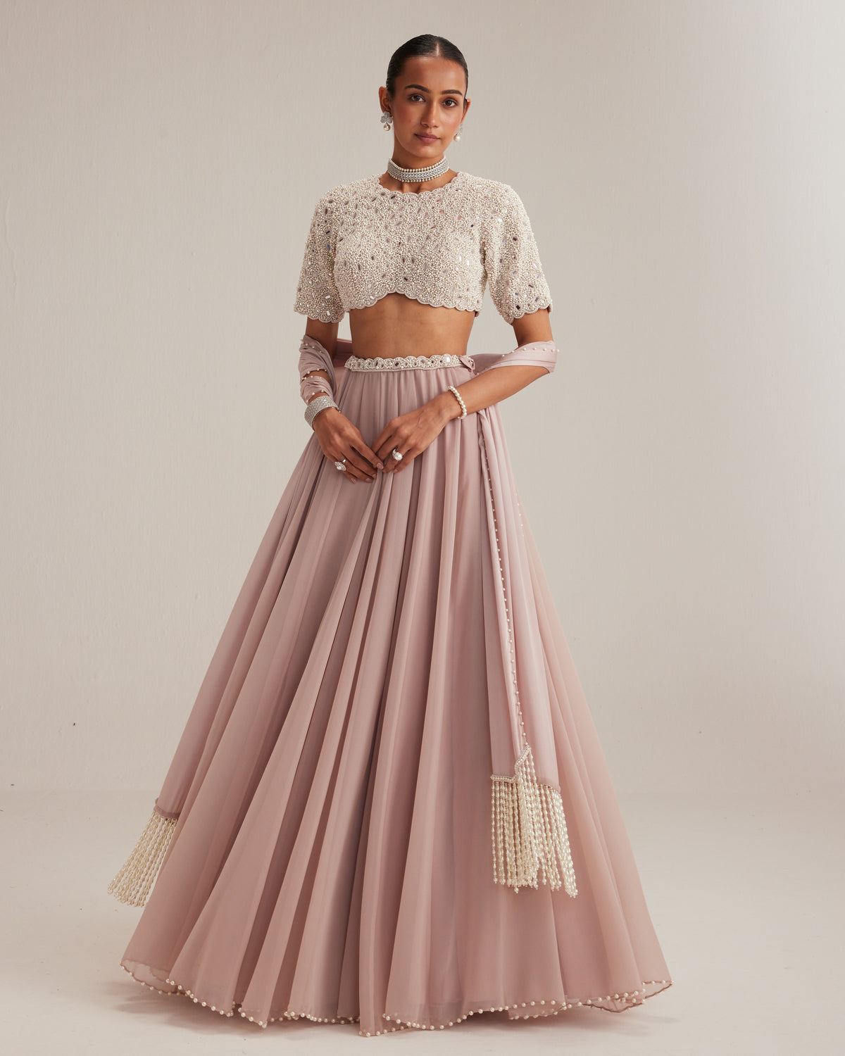 Ash Pink Georgette Skirt With High Neck Blouse And Stole