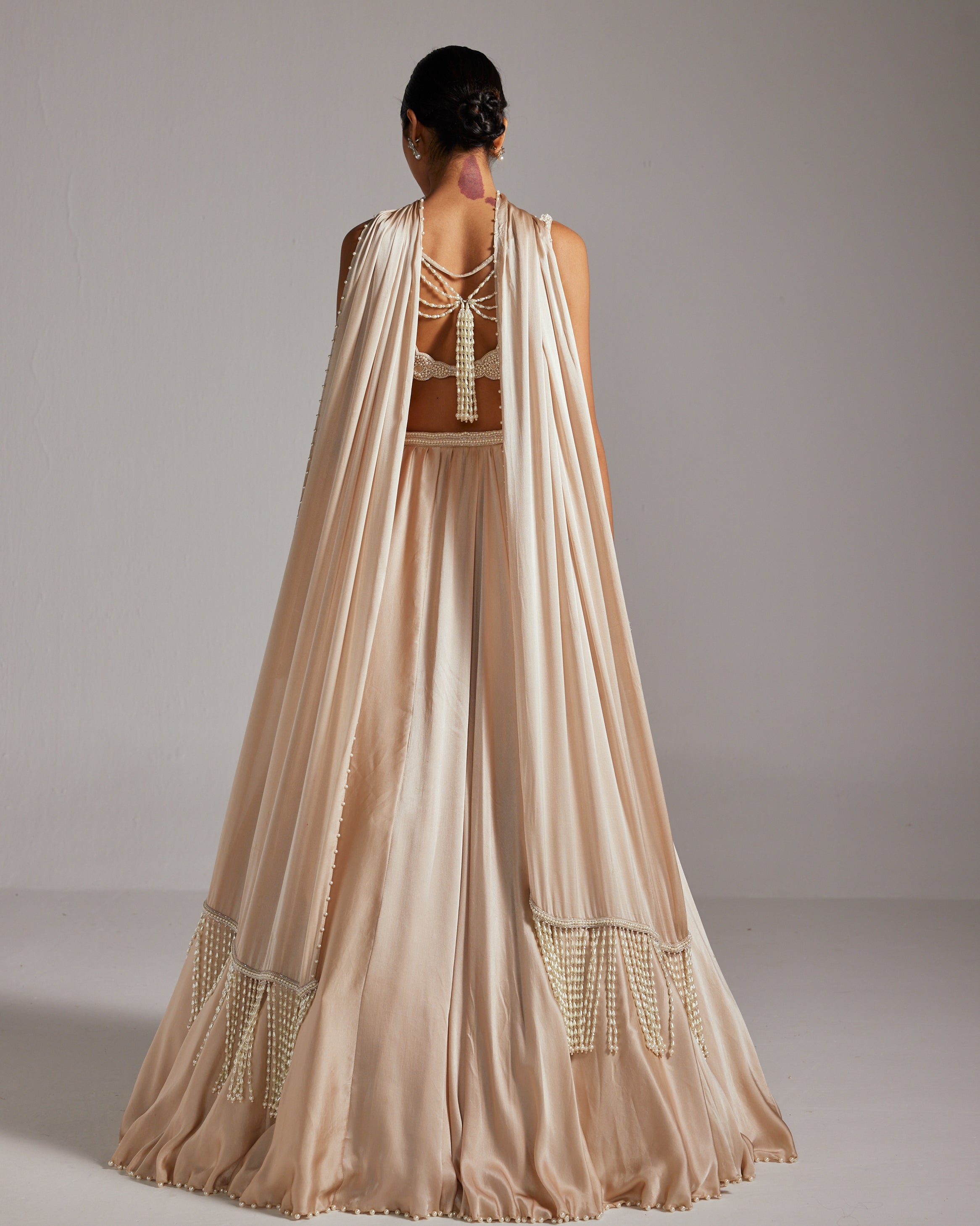 Light Beige V Neck Satin Skirt Set