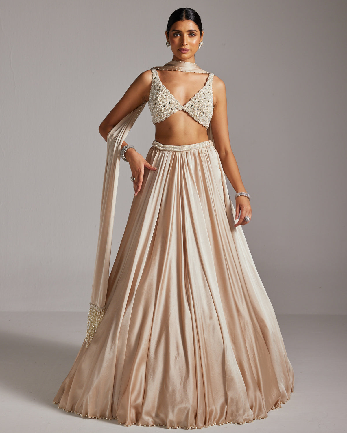 Light Beige V Neck Satin Skirt Set