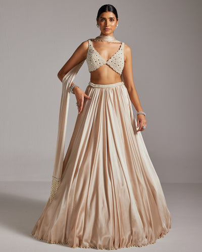 Light Beige V Neck Satin Skirt Set