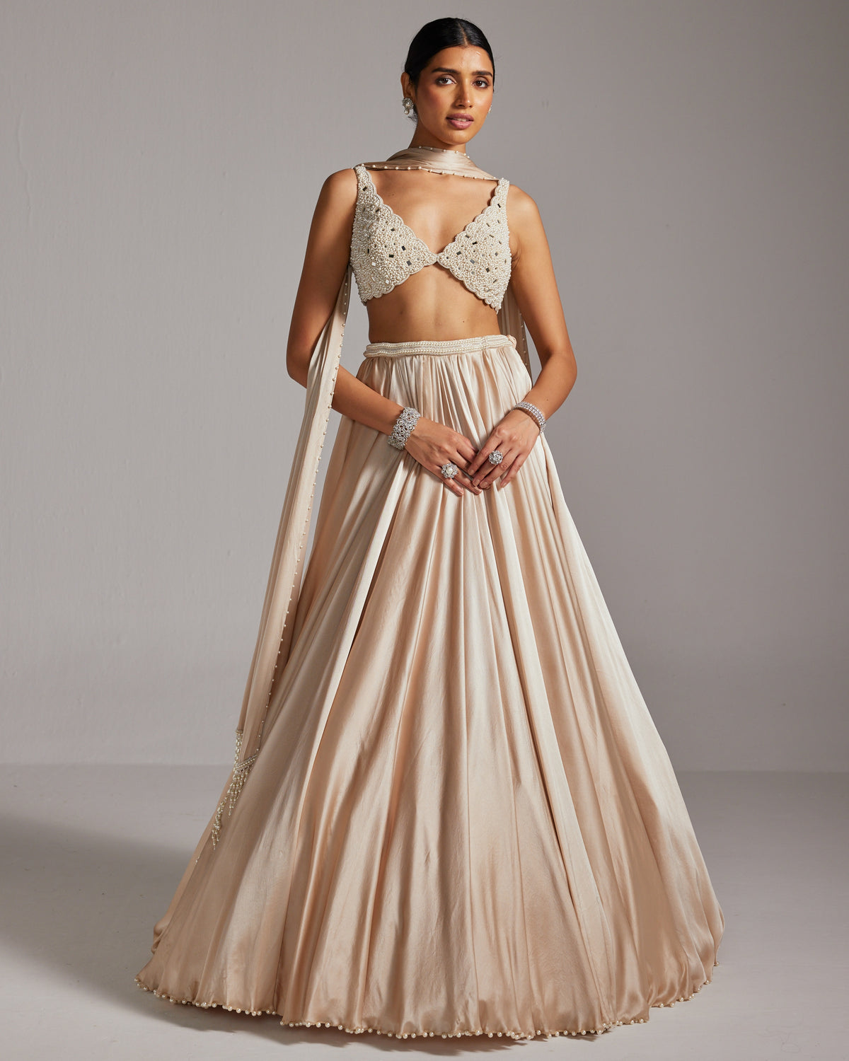 Light Beige V Neck Satin Skirt Set