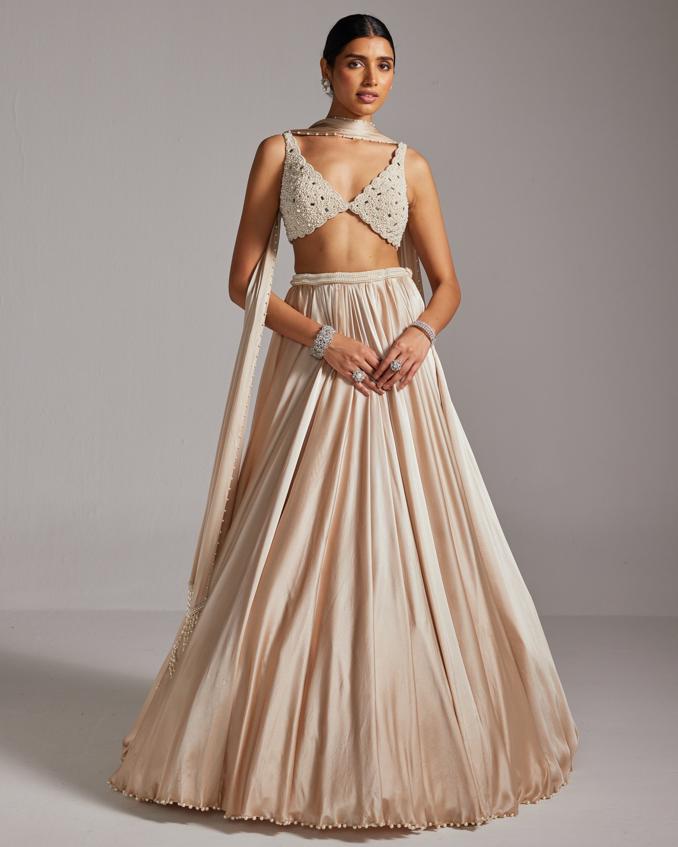 Light Beige V Neck Satin Skirt Set