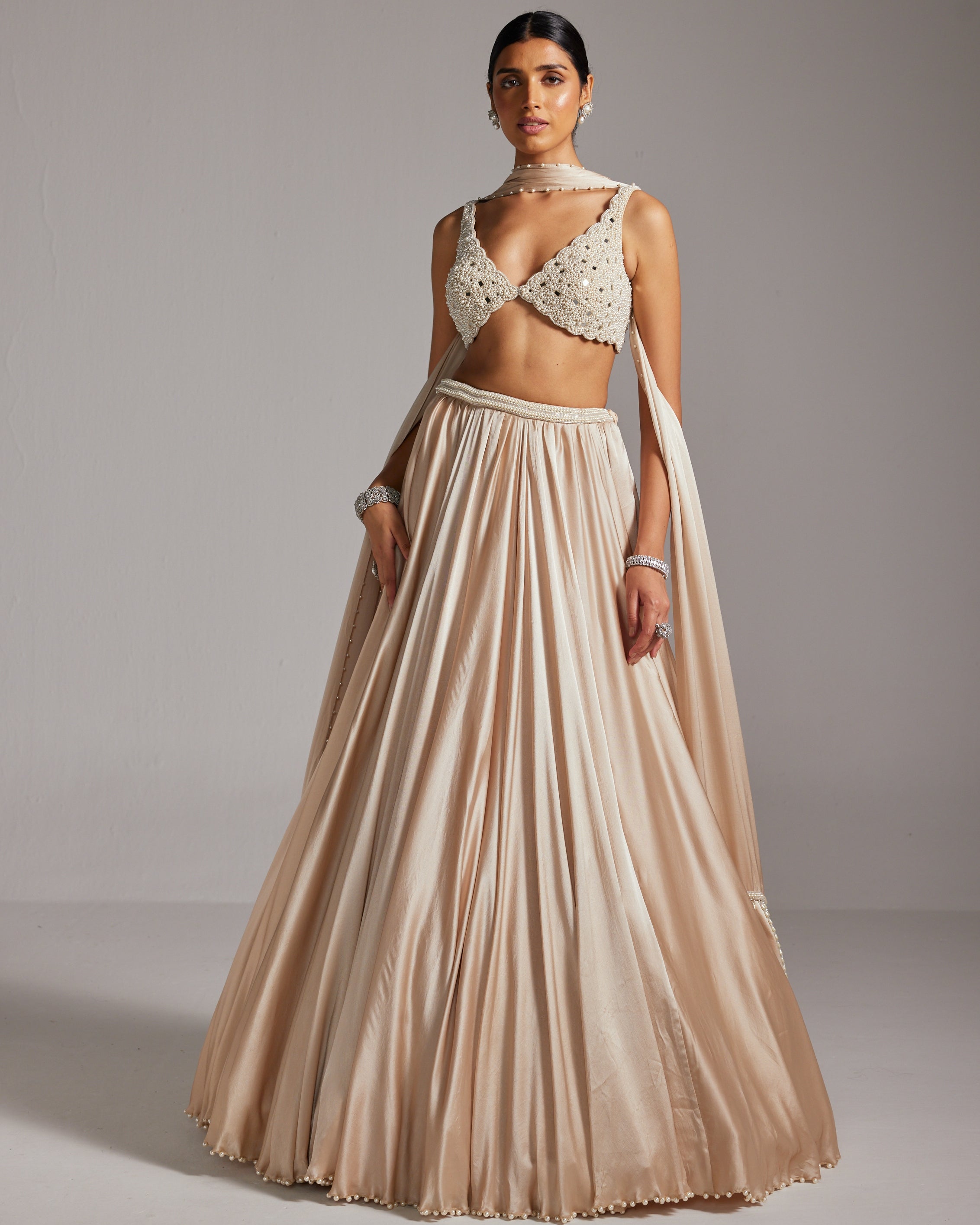 Light Beige V Neck Satin Skirt Set