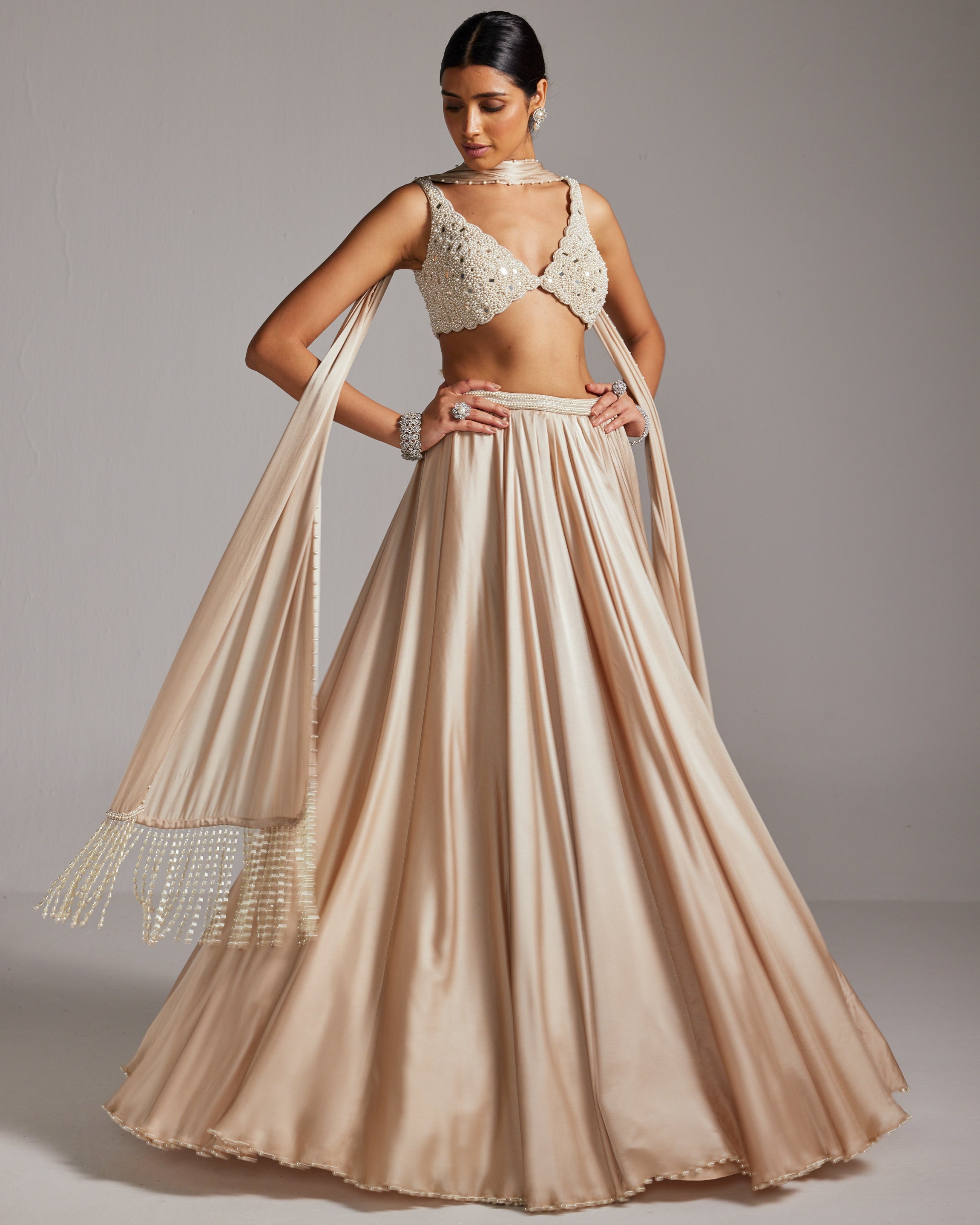 Light Beige V Neck Satin Skirt Set