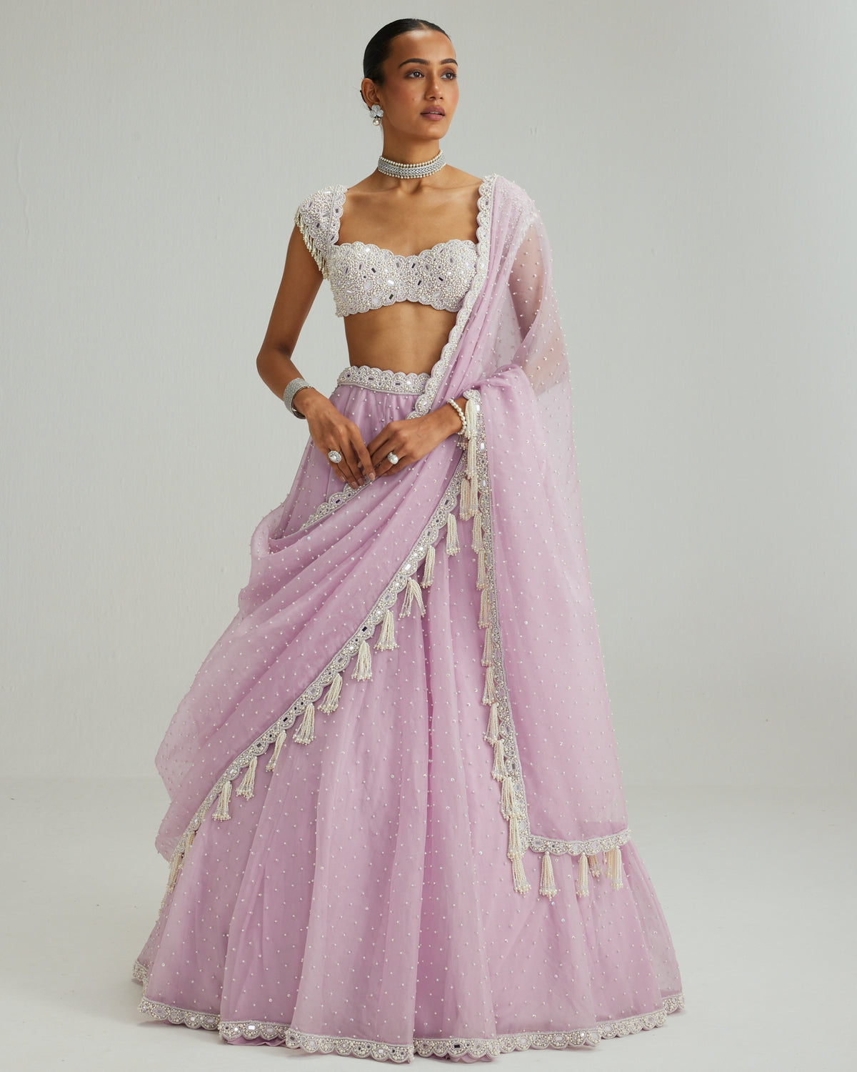 Lavender Mirror And Pearl Lehenga Set