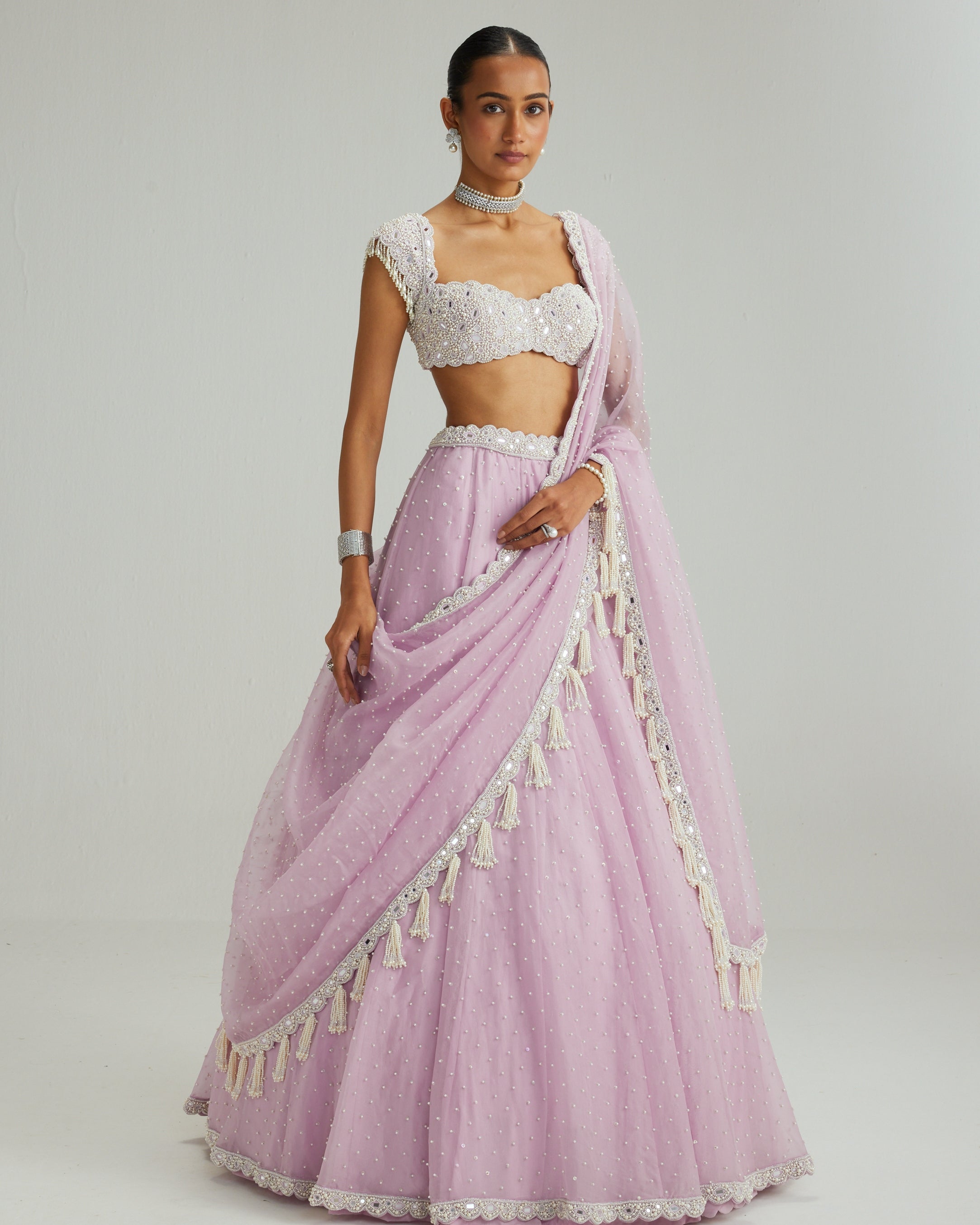 Lavender Mirror And Pearl Lehenga Set