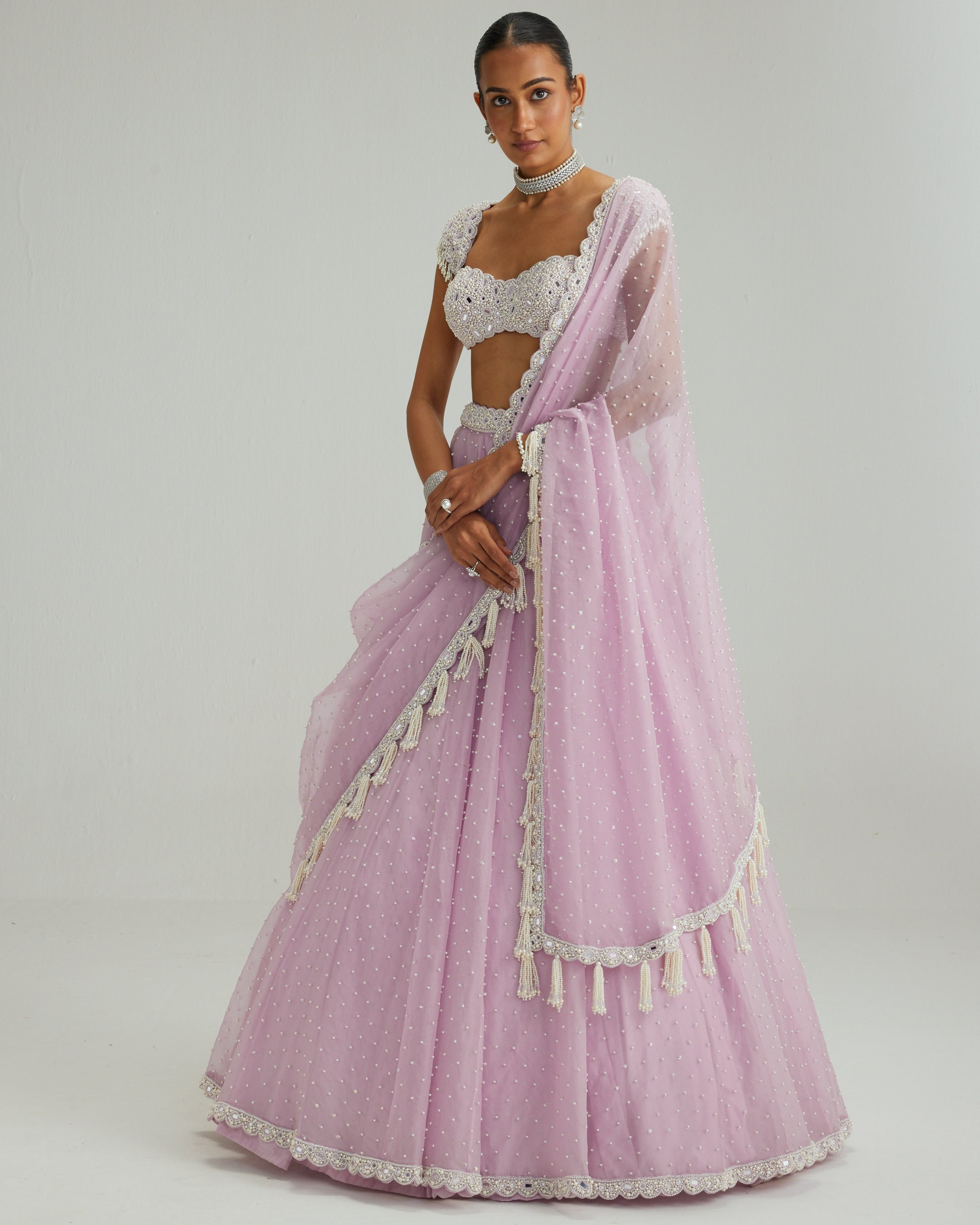 Lavender Mirror And Pearl Lehenga Set
