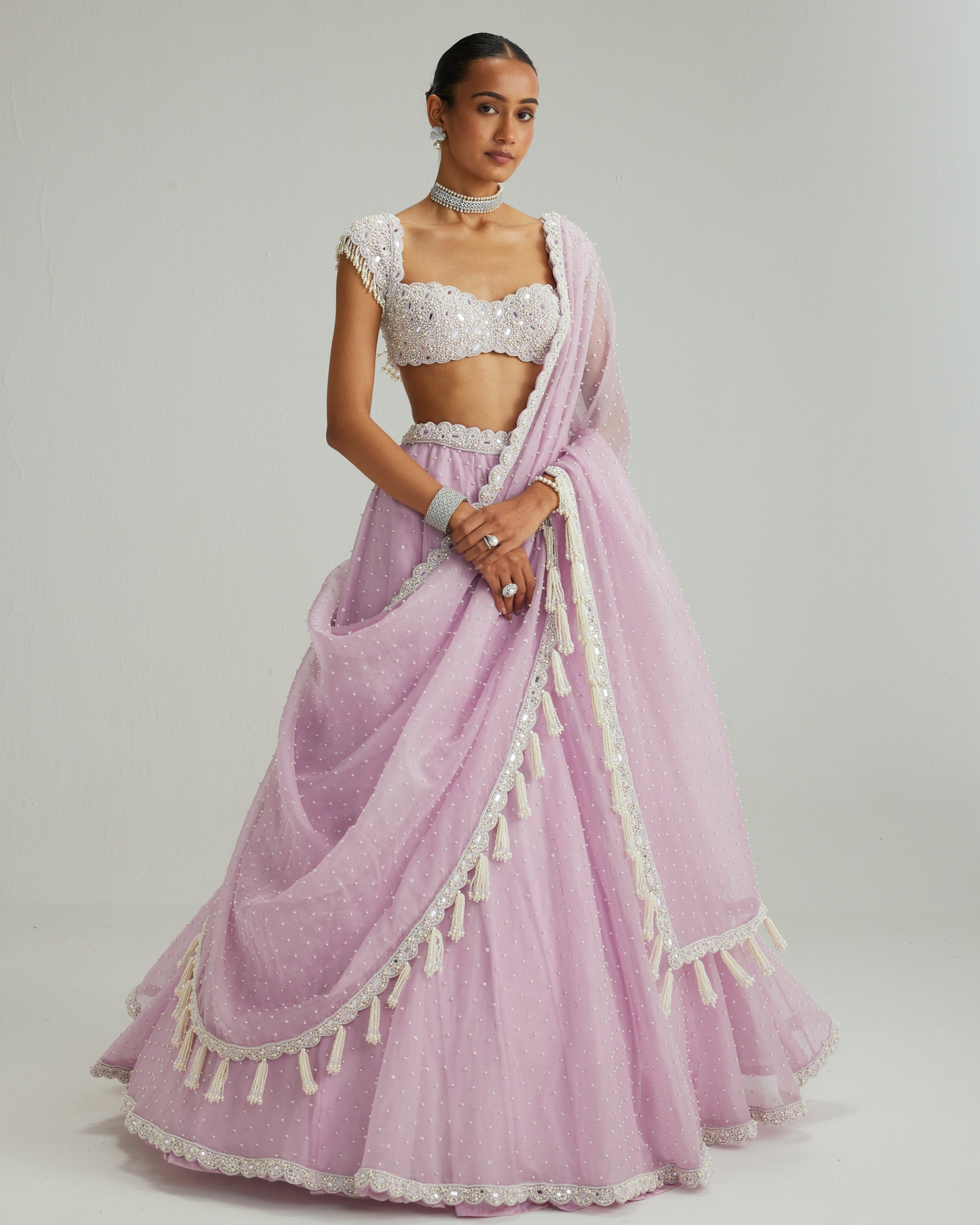 Lavender Mirror And Pearl Lehenga Set