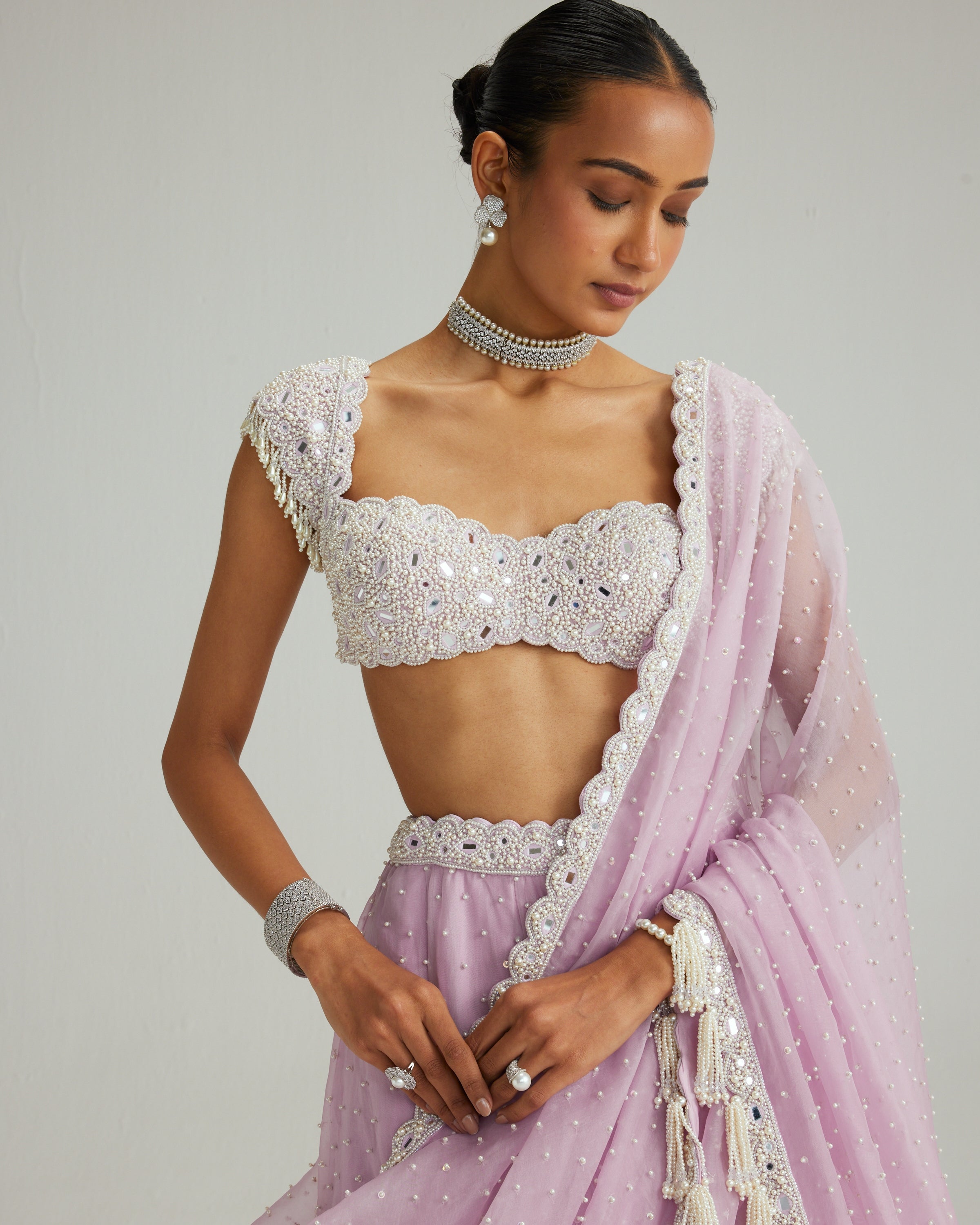 Lavender Mirror And Pearl Lehenga Set