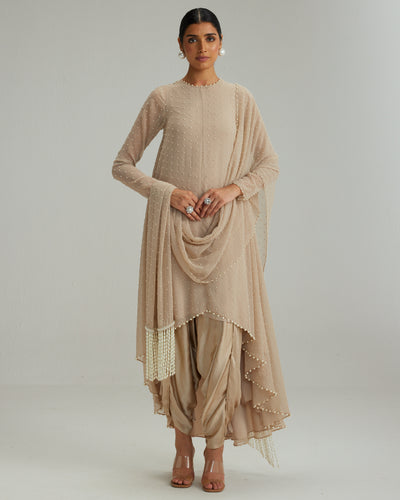 Light Beige Pearl Kurta With Stole Set