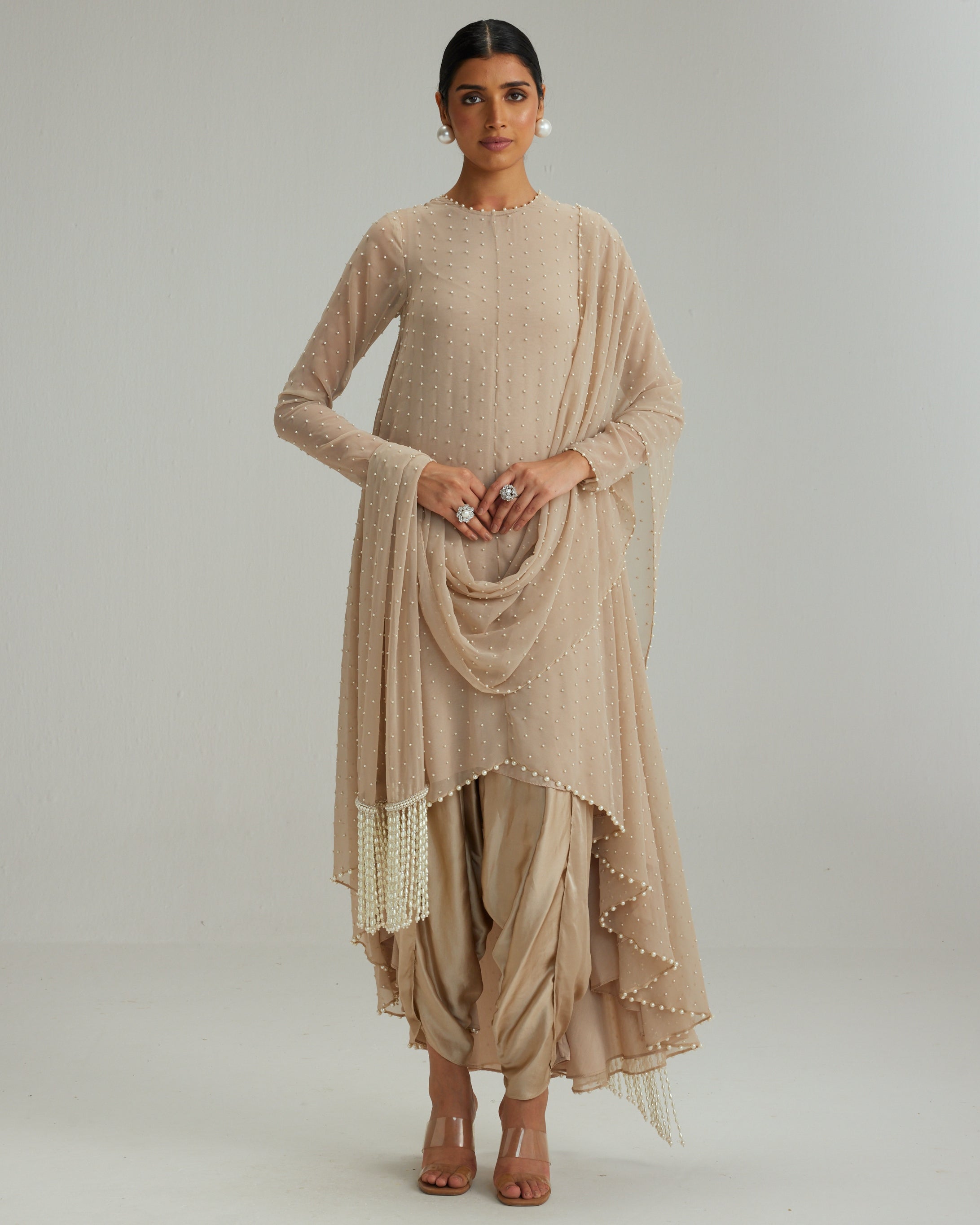 Light Beige Pearl Kurta With Stole Set