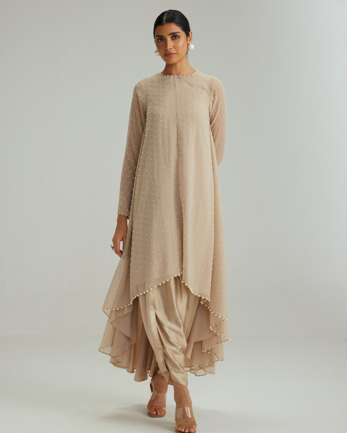 Light Beige Pearl Kurta With Stole Set