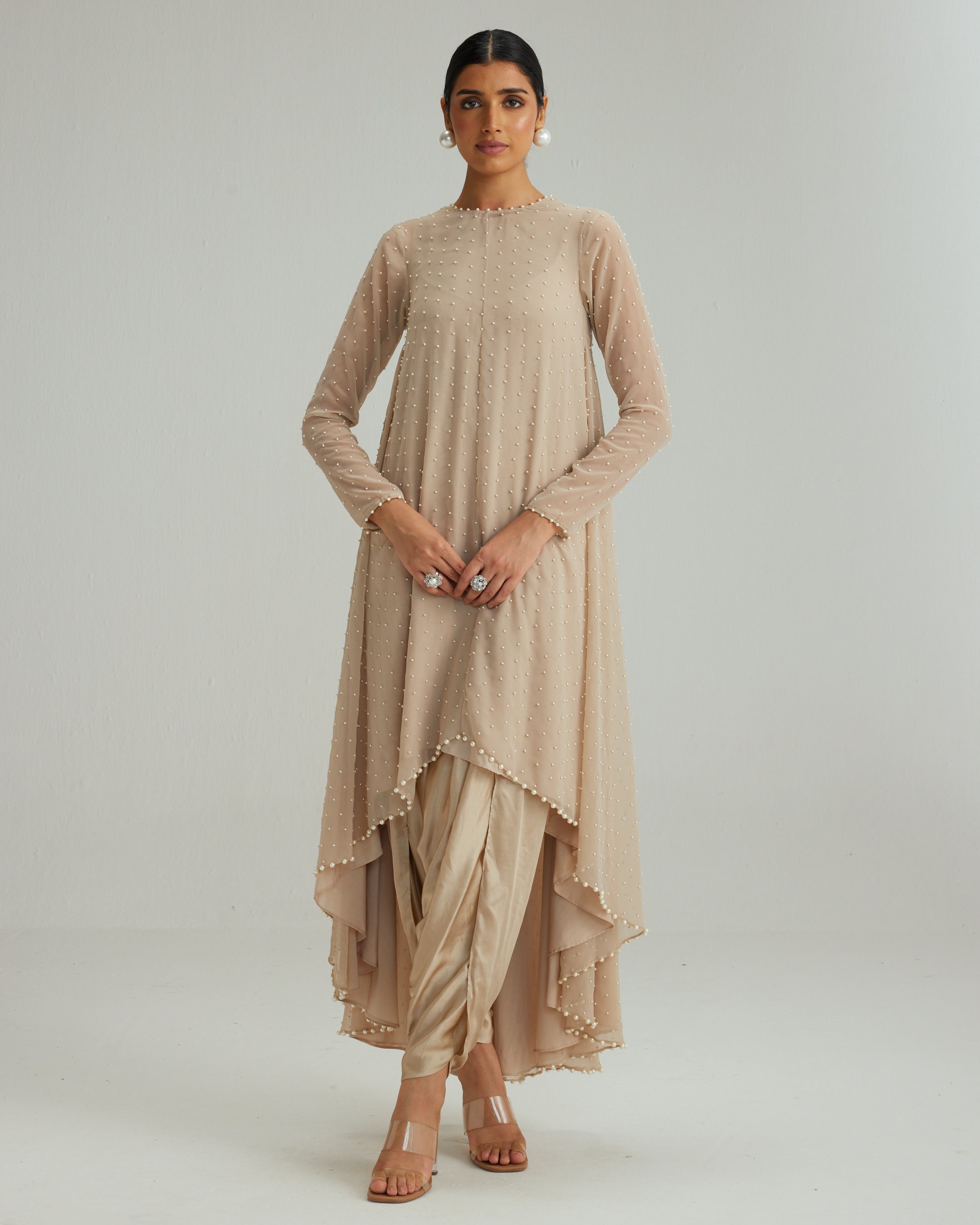 Light Beige Pearl Kurta With Stole Set