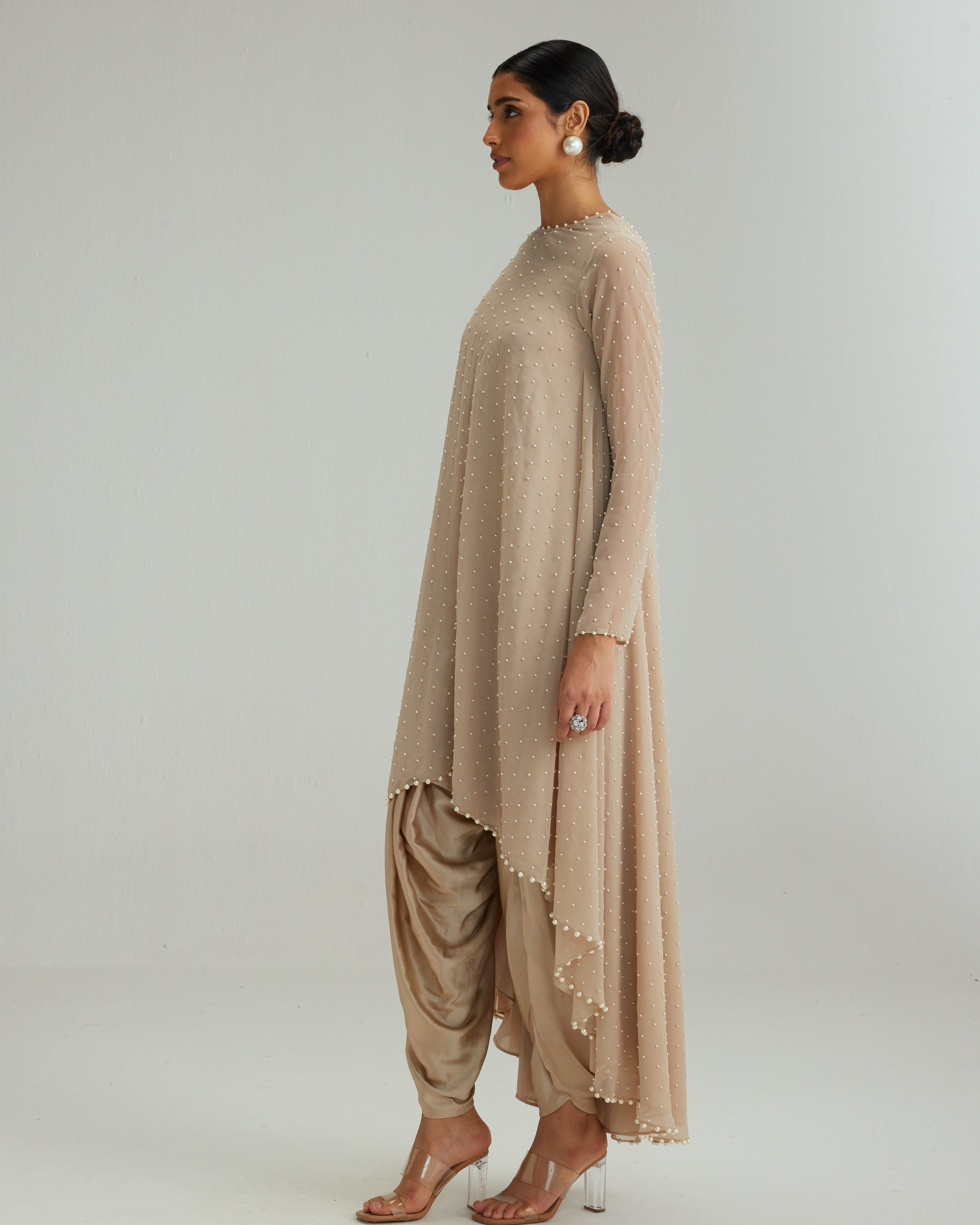 Light Beige Pearl Kurta With Stole Set