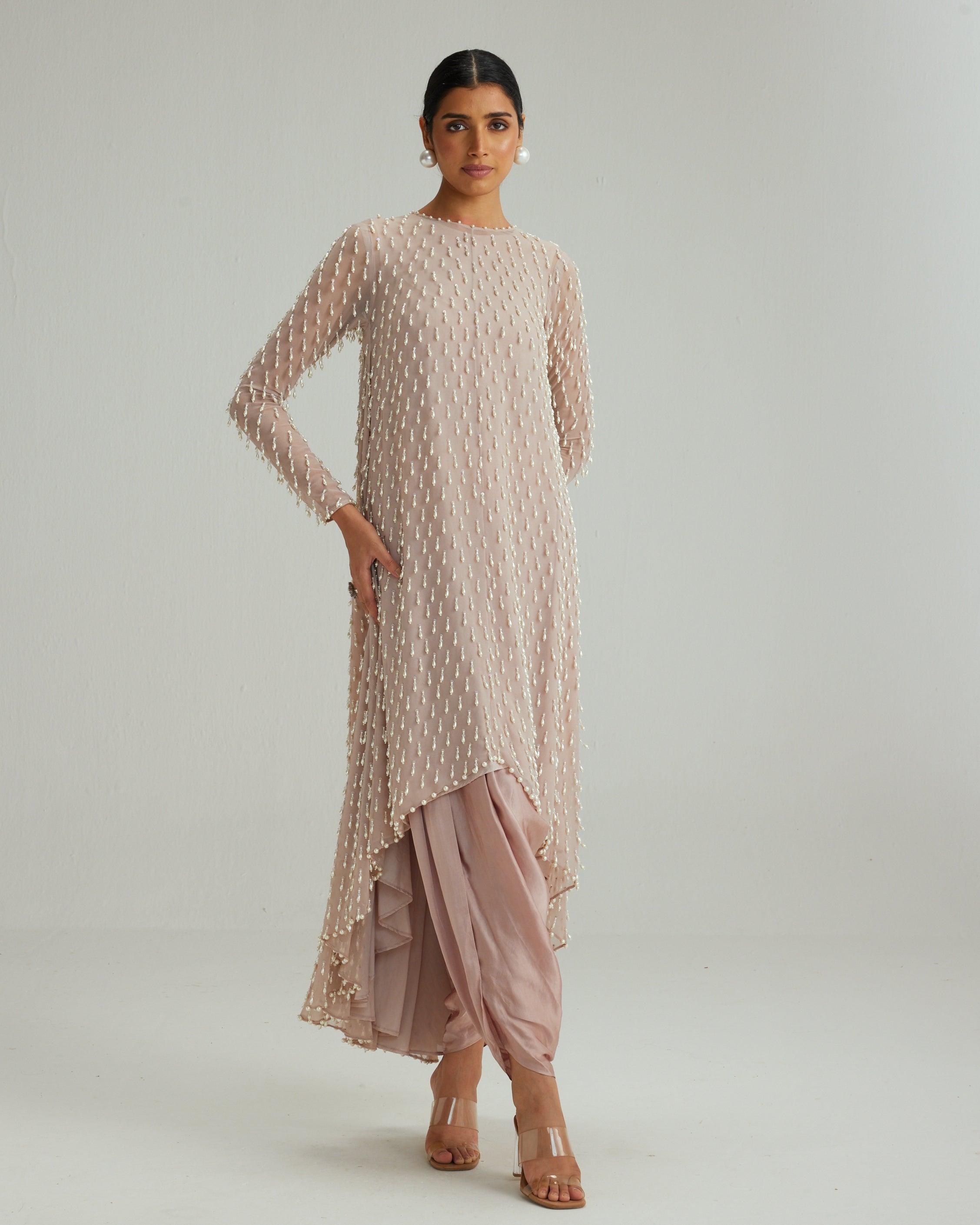 Ash Pink Pearl Drop Kurta Set With Dupatta