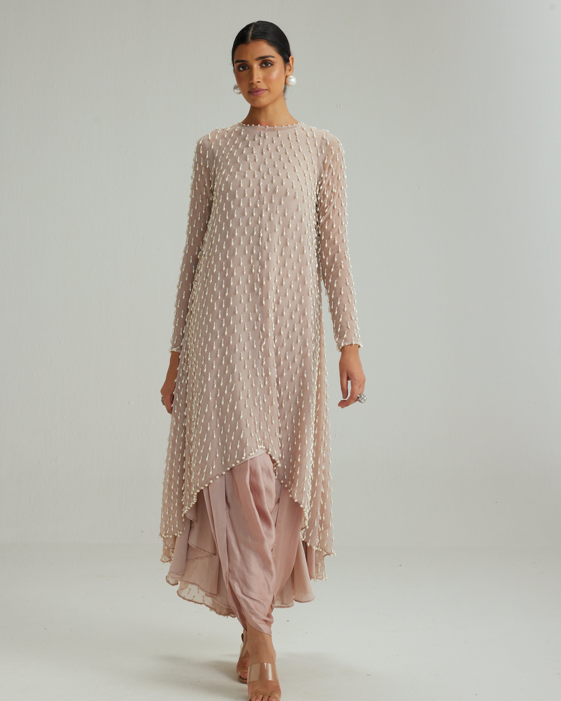 Ash Pink Pearl Drop Kurta Set With Dupatta