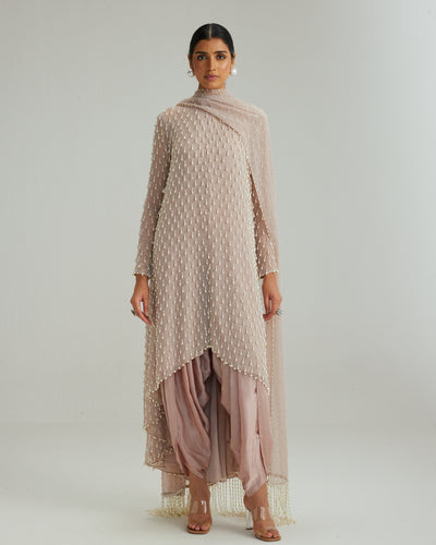 Ash Pink Pearl Drop Kurta Set With Dupatta