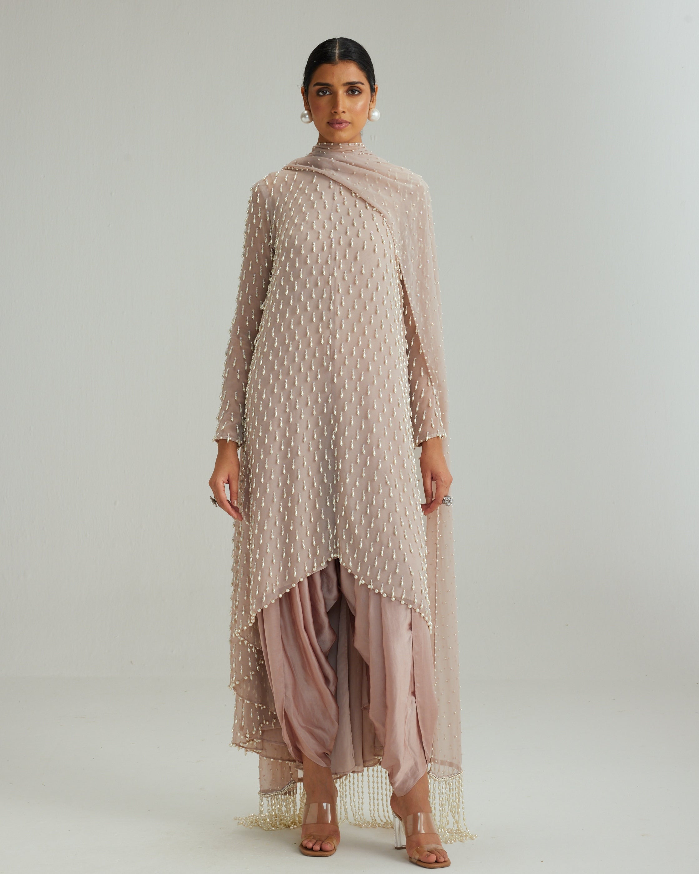 Ash Pink Pearl Drop Kurta Set With Dupatta