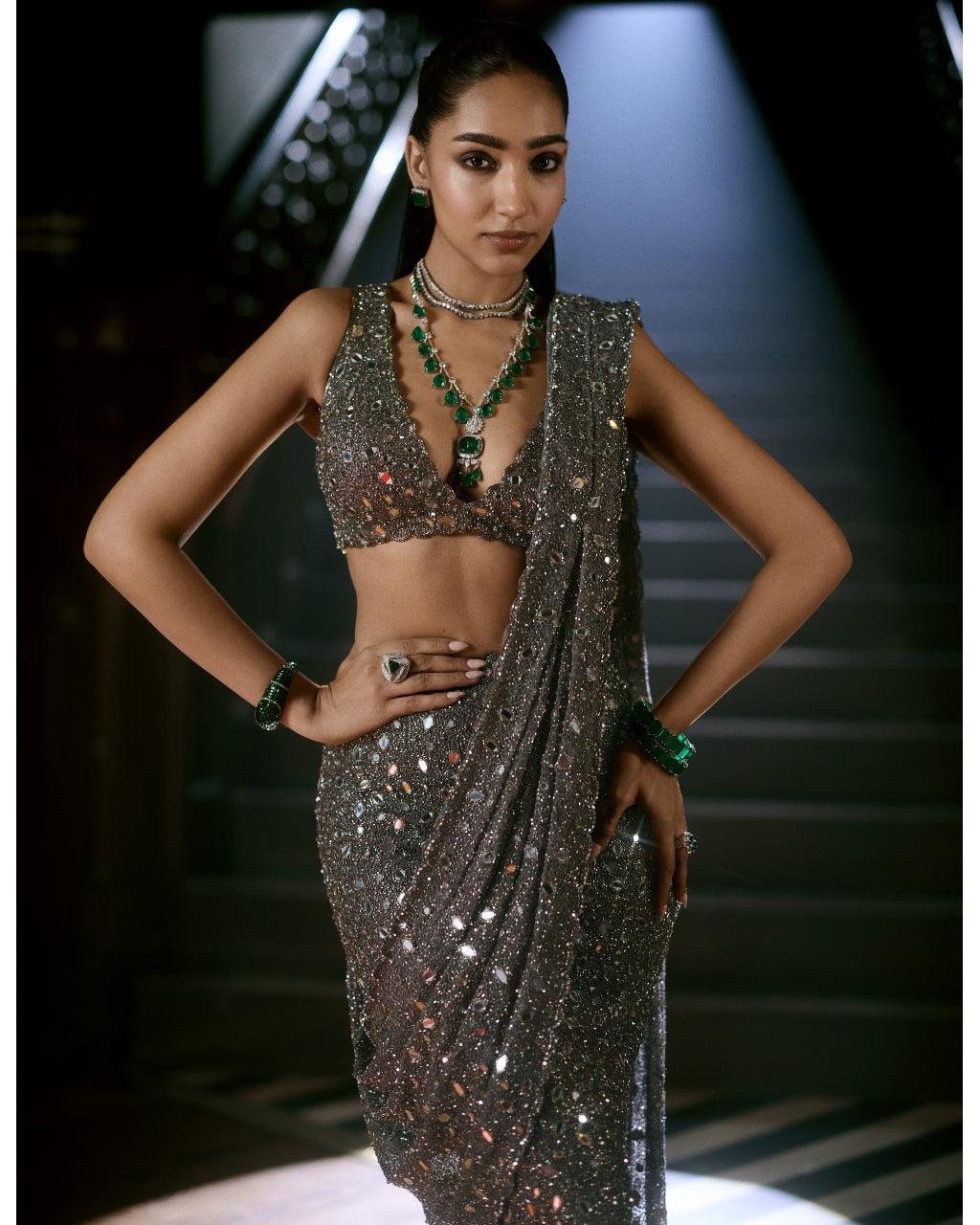 Metallic Grey Draped Sari Set