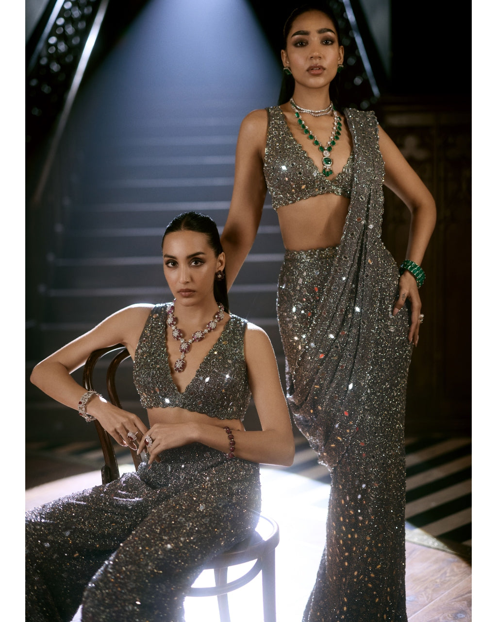 Metallic Grey Draped Sari Set