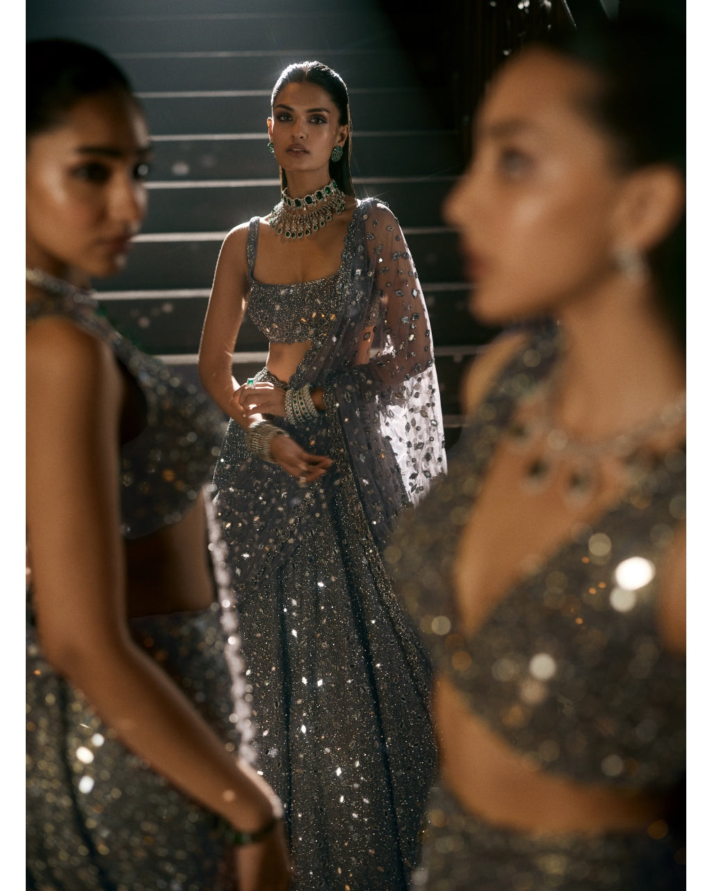Metallic Grey Single Drop Draped Sari Set