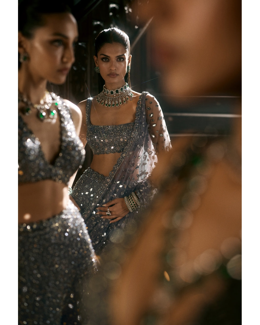 Metallic Grey Single Drop Draped Sari Set