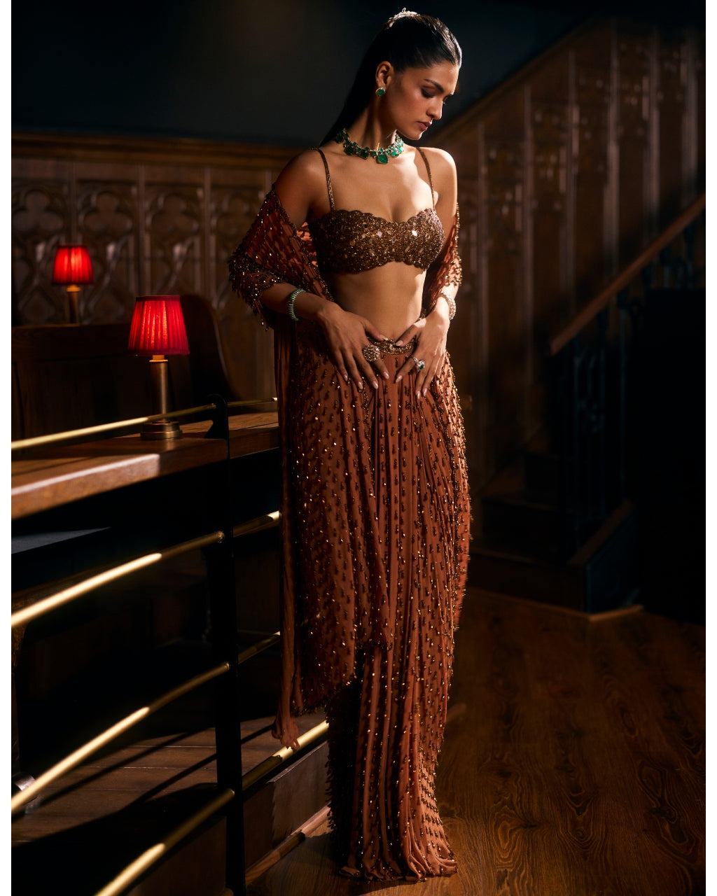 Metallic Copper Single Drop Sari Set