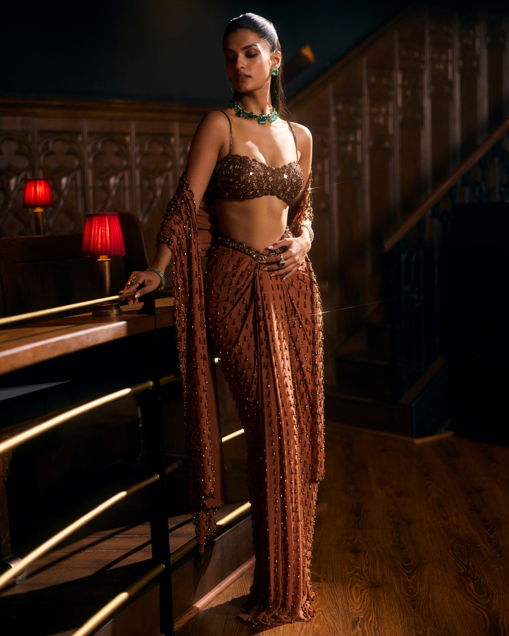 Metallic Copper Single Drop Sari Set
