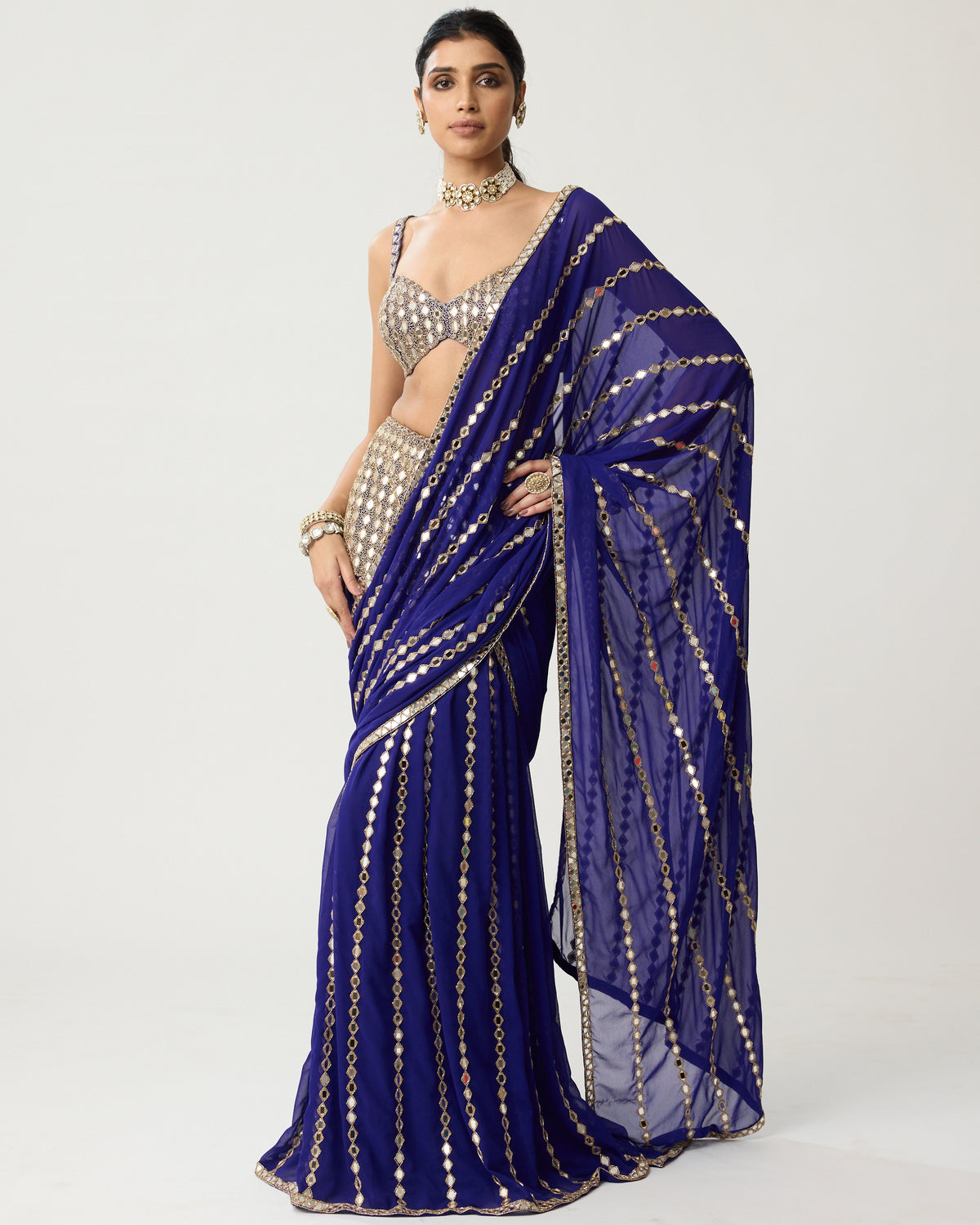 Persian Blue Multi-Tier Mirror Sari Set