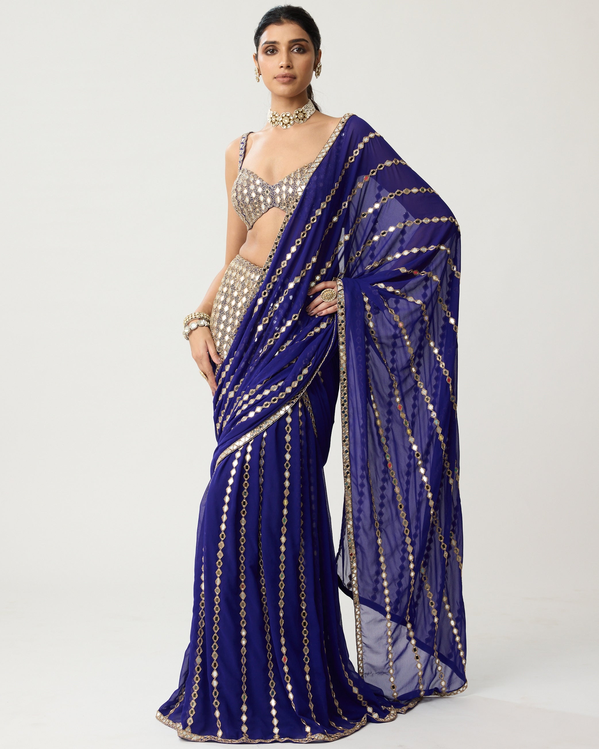 Persian Blue Multi-Tier Mirror Sari Set