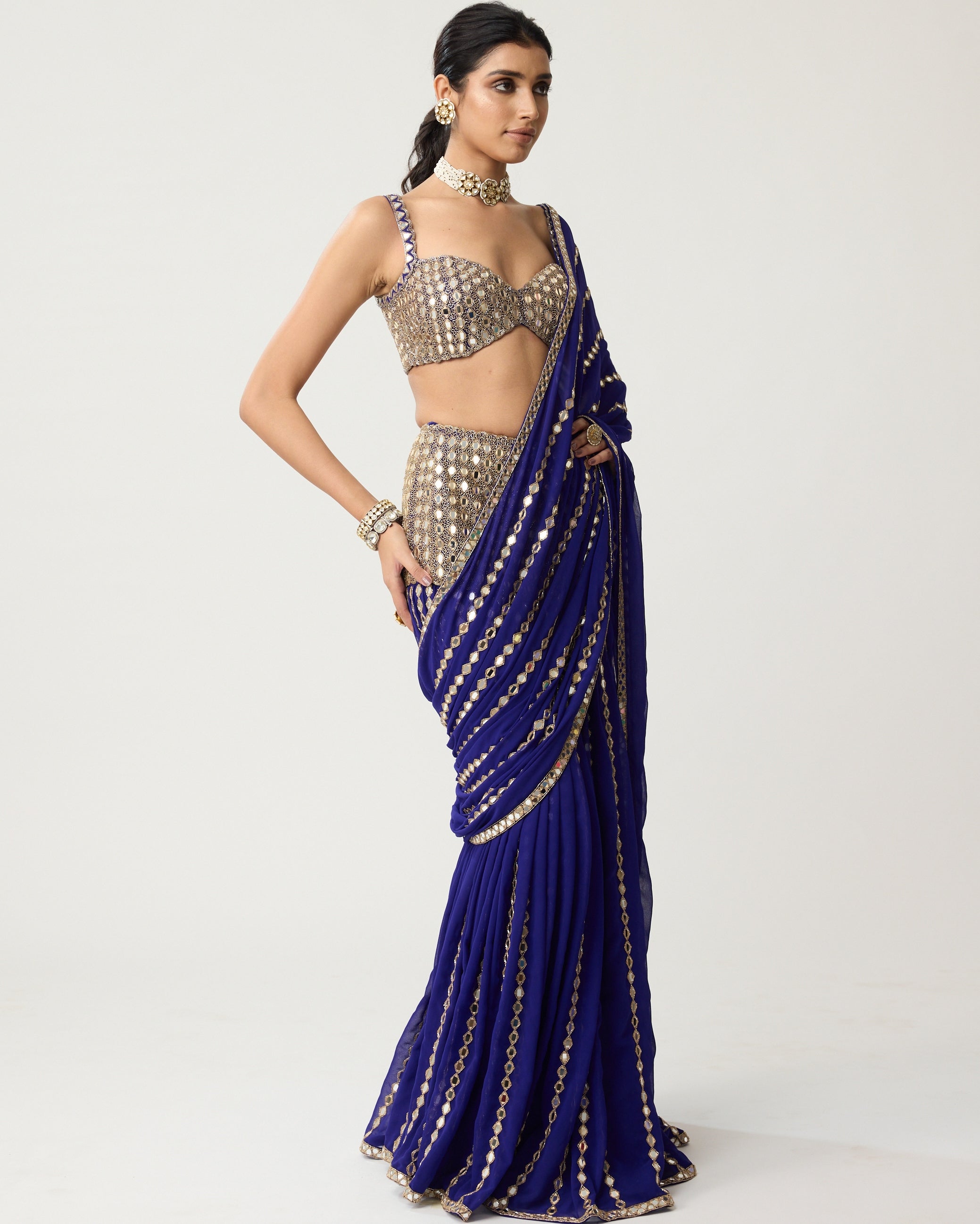 Persian Blue Multi-Tier Mirror Sari Set