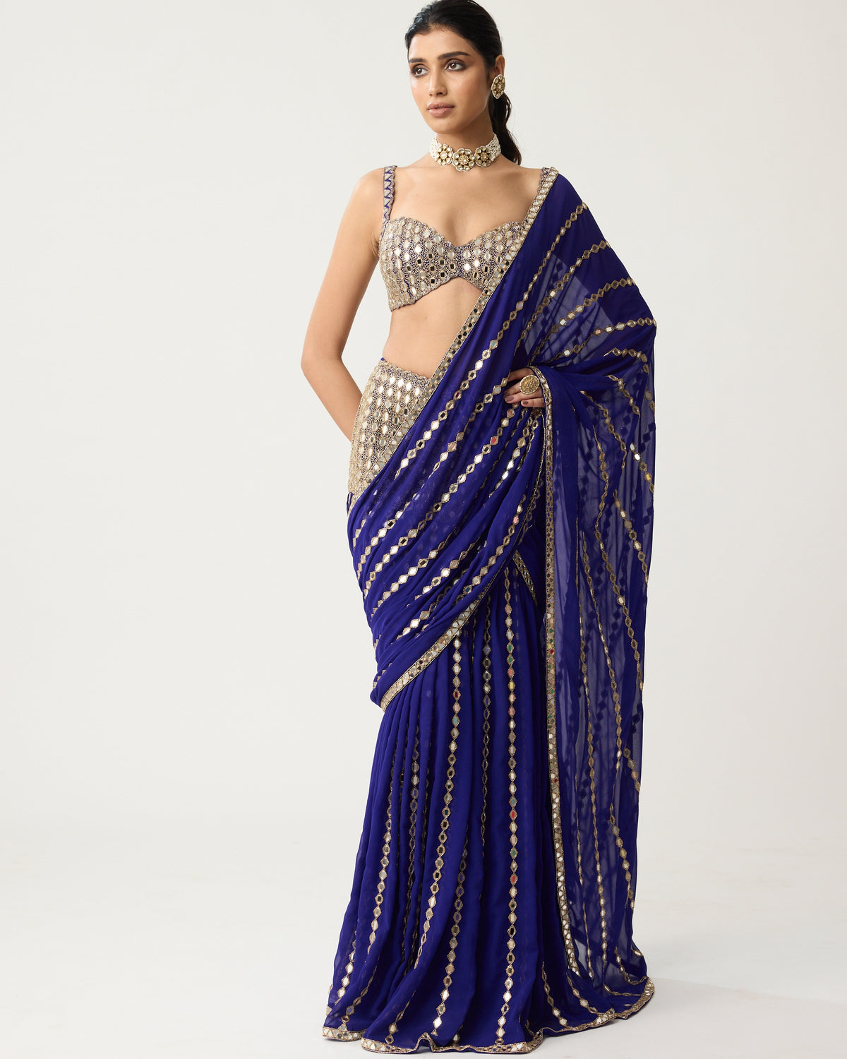 Persian Blue Multi-Tier Mirror Sari Set
