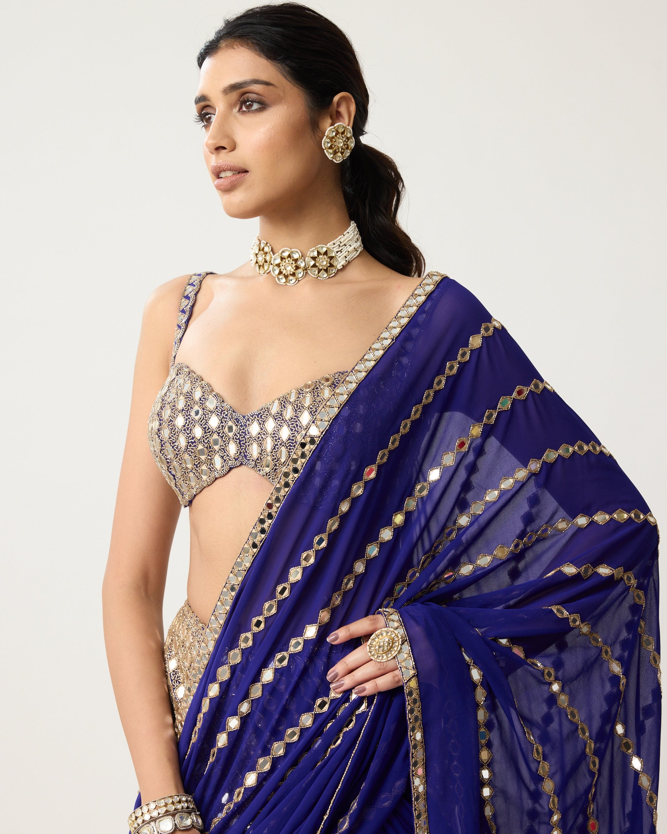 Persian Blue Multi-Tier Mirror Sari Set