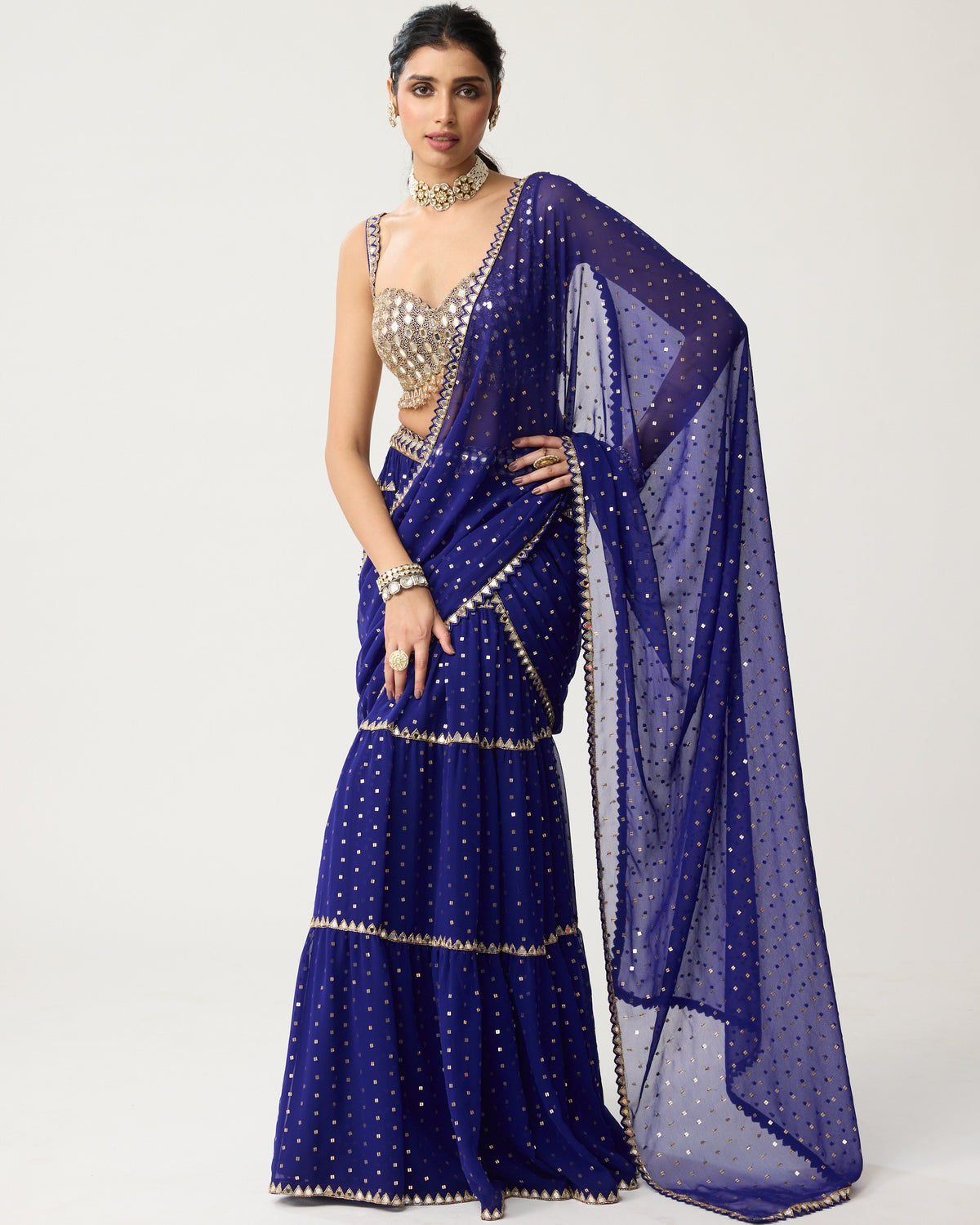 Persian Blue Mirror Corset Satin Draped Skirt Set