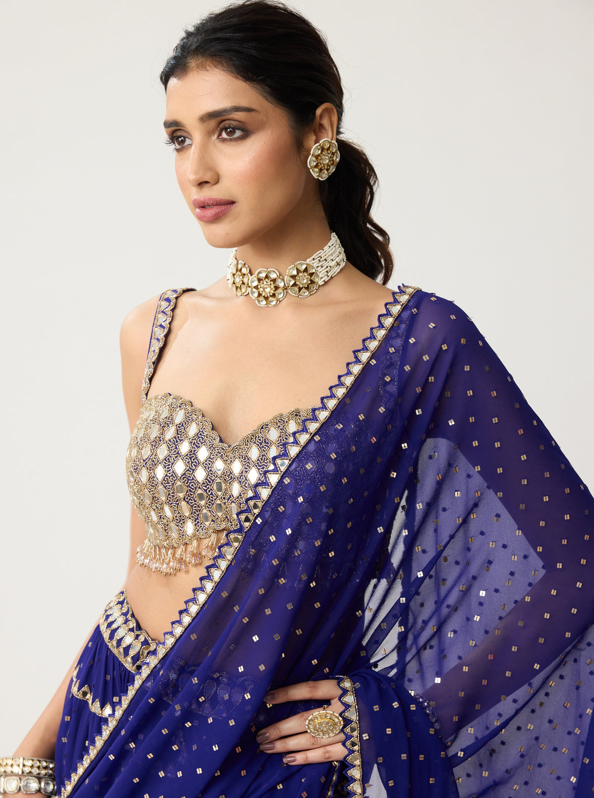 Persian Blue Mirror Corset Satin Draped Skirt Set