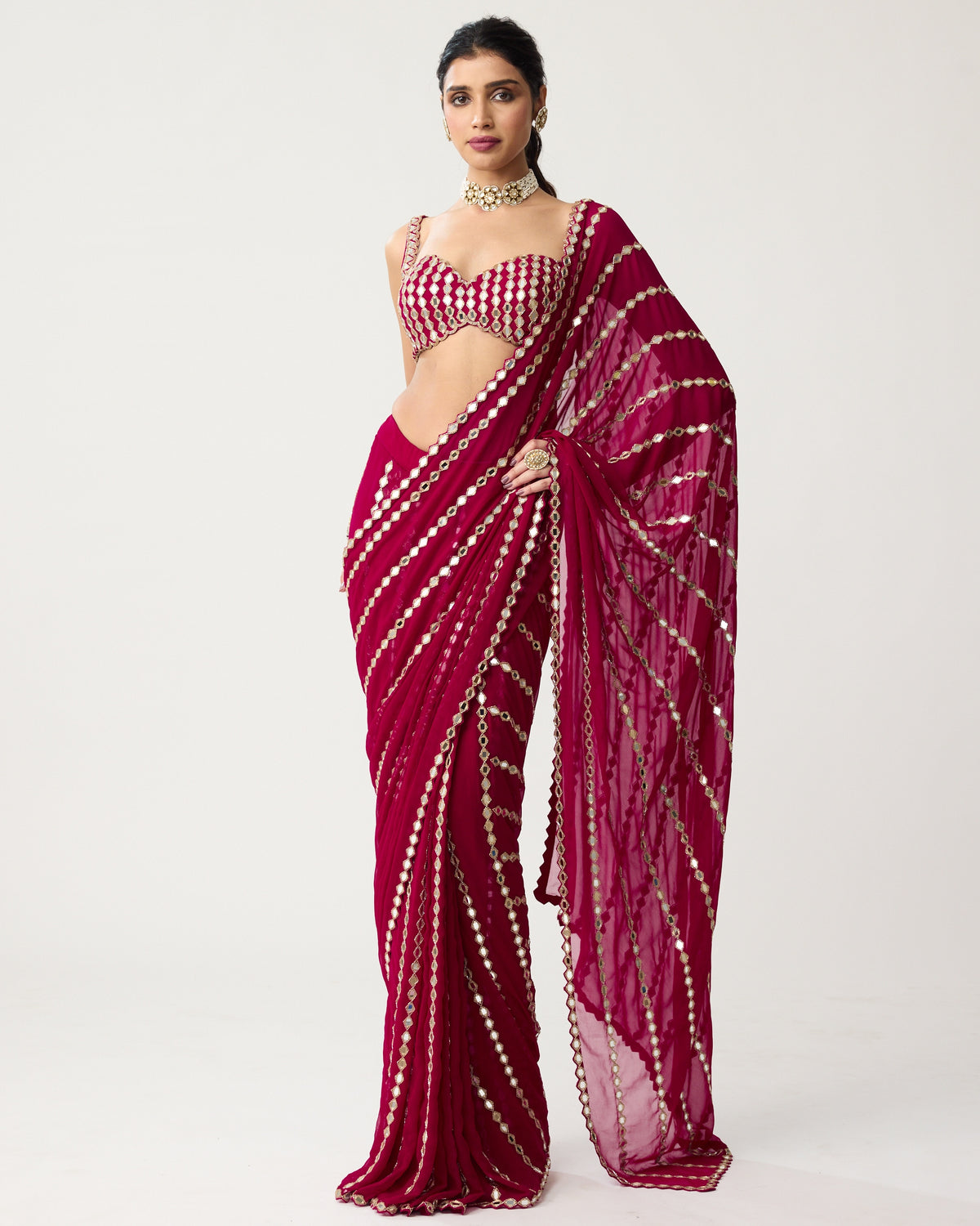Ruby Red Linear Mirror Sari Set