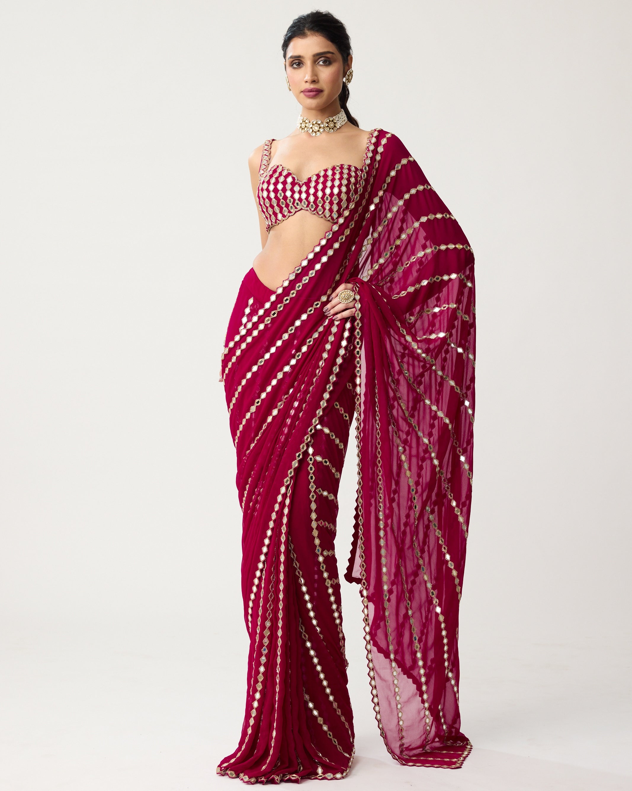 Ruby Red Linear Mirror Sari Set