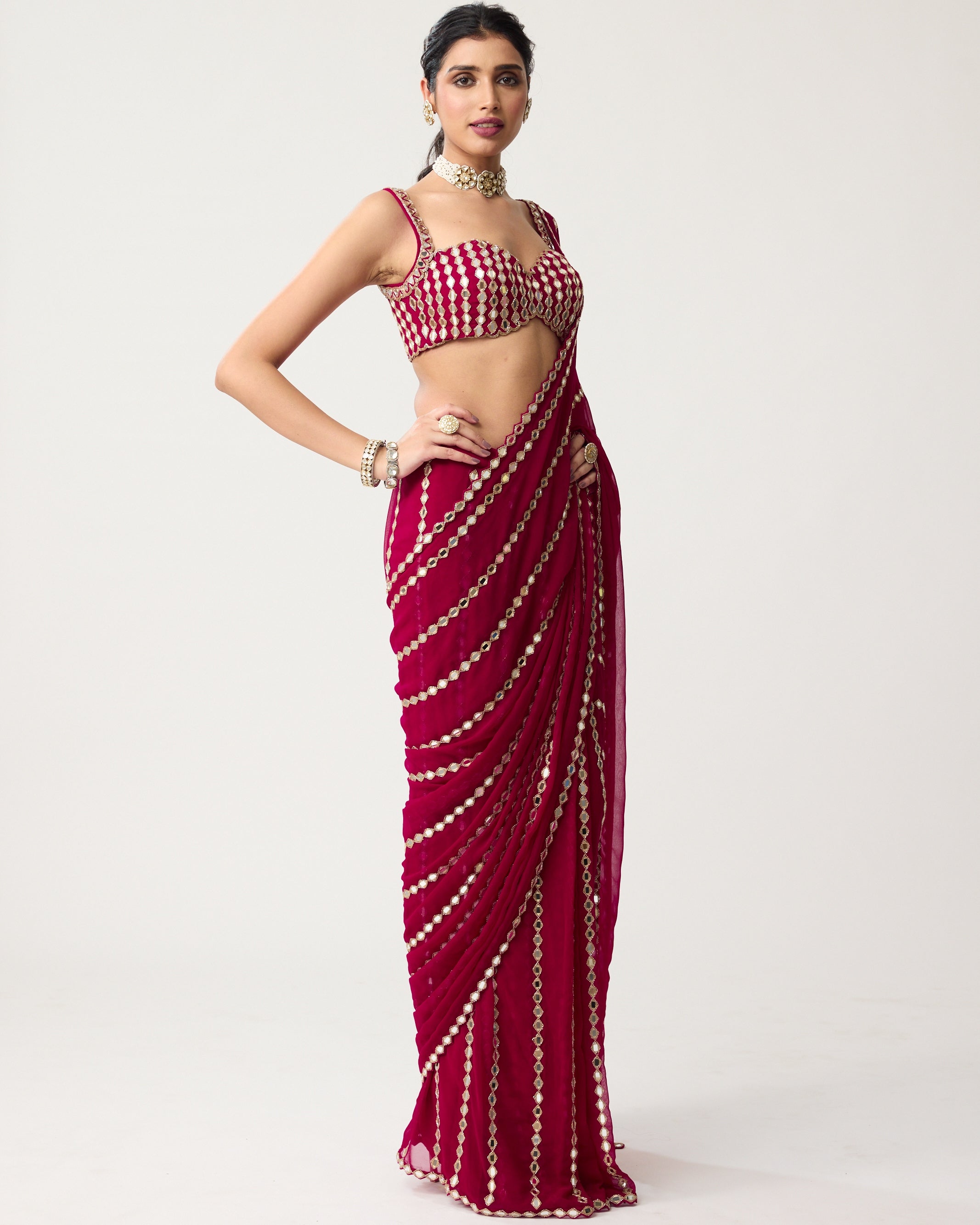 Ruby Red Linear Mirror Sari Set