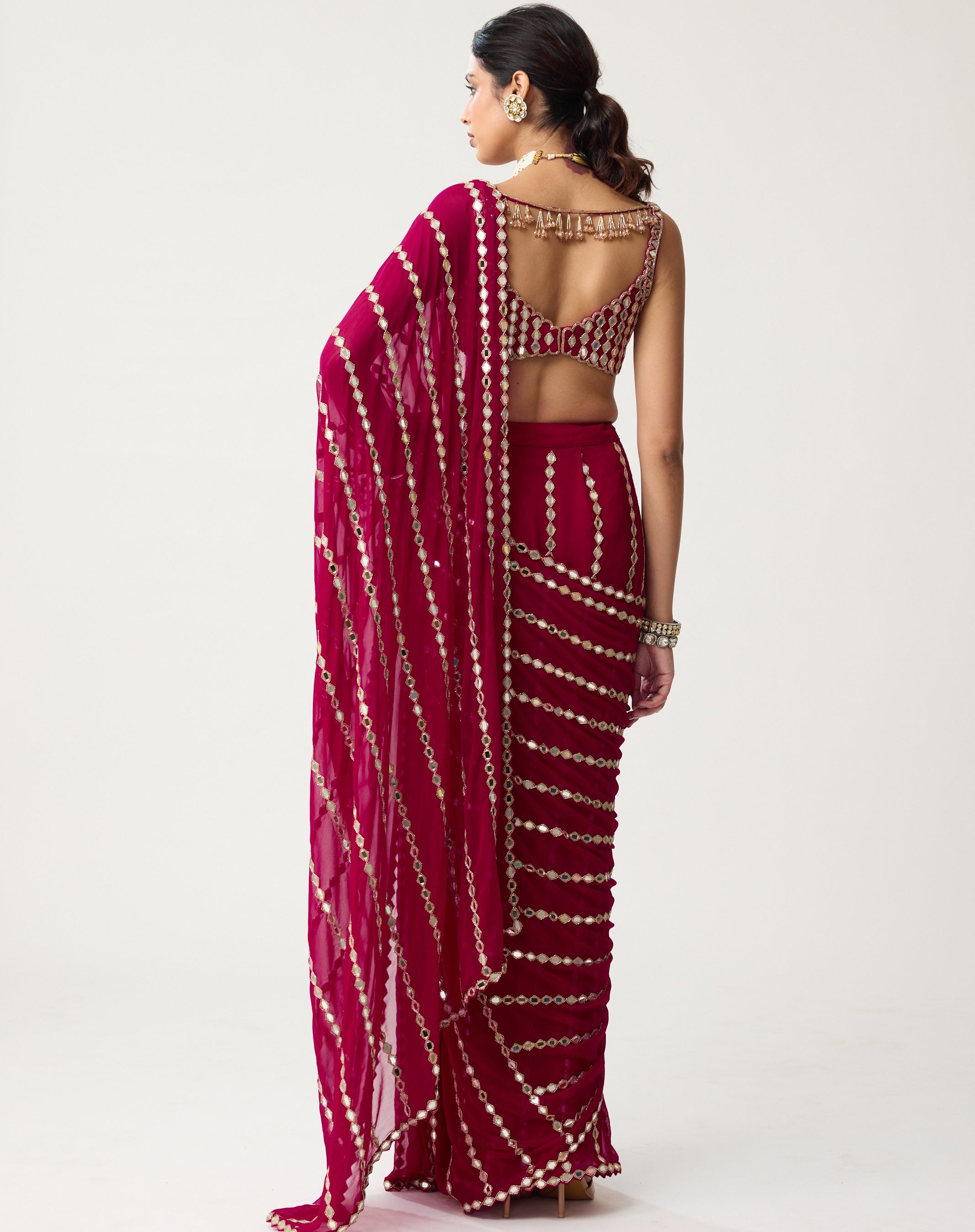 Ruby Red Linear Mirror Sari Set
