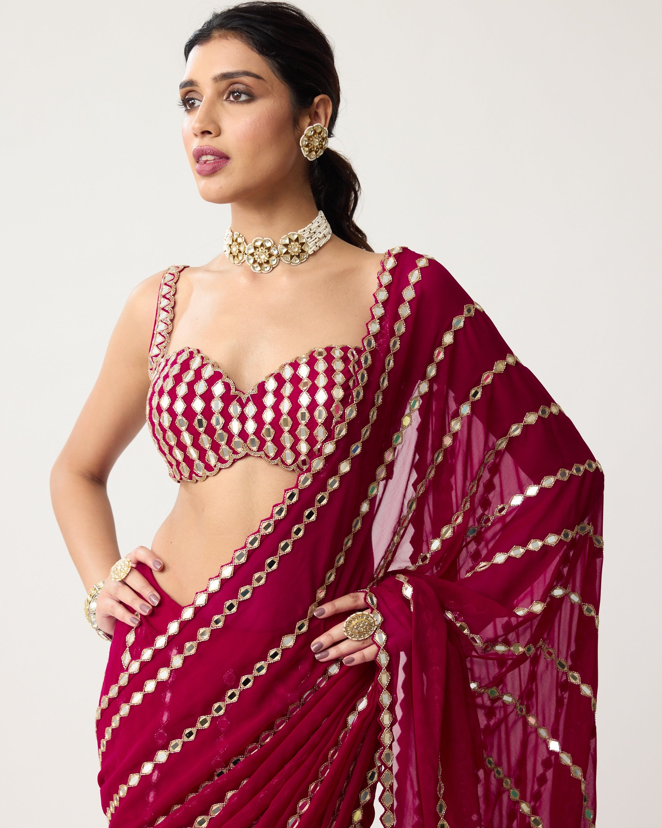 Ruby Red Linear Mirror Sari Set