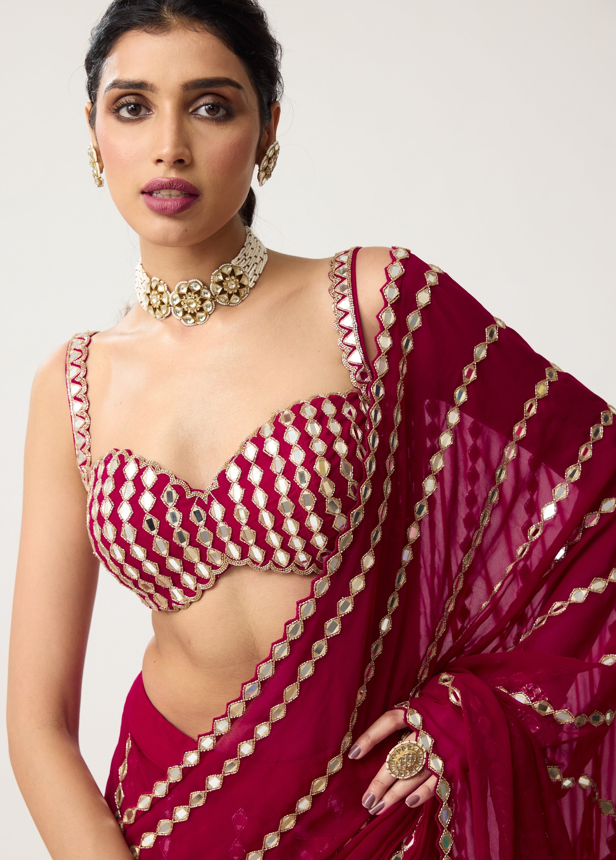 Ruby Red Linear Mirror Sari Set