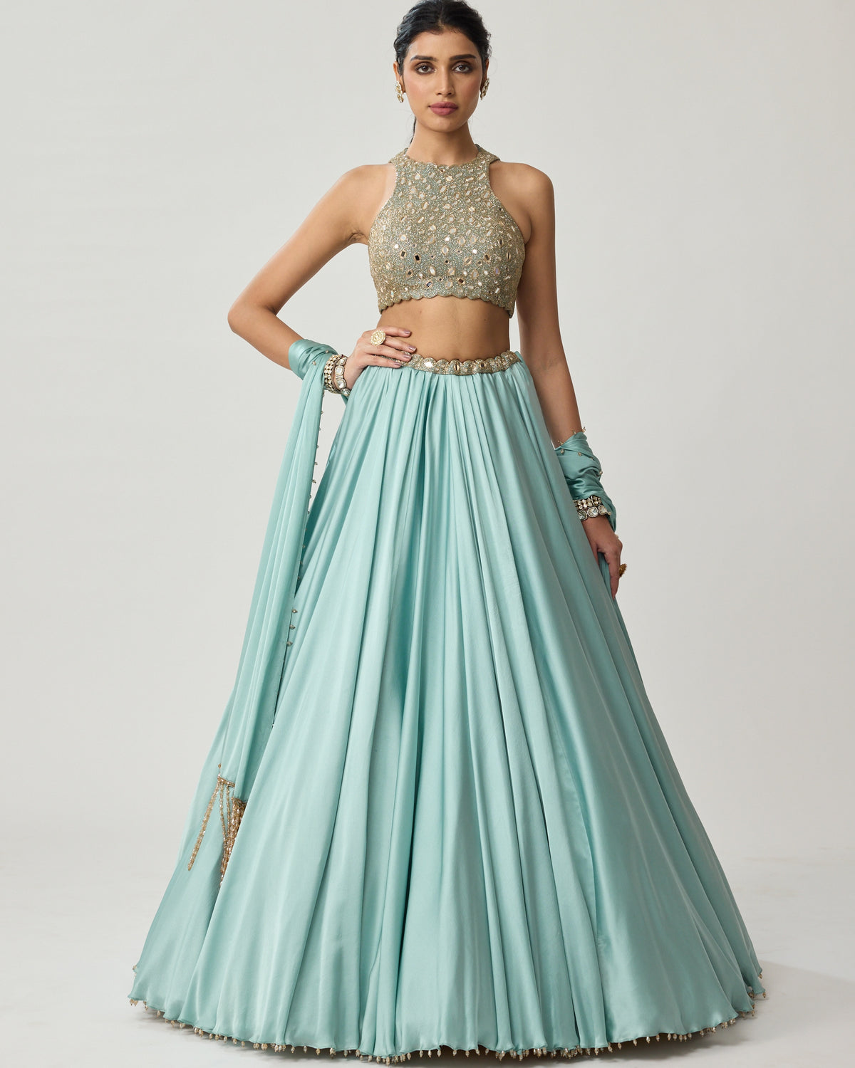 Powder Grey Mirror Satin Sari Set