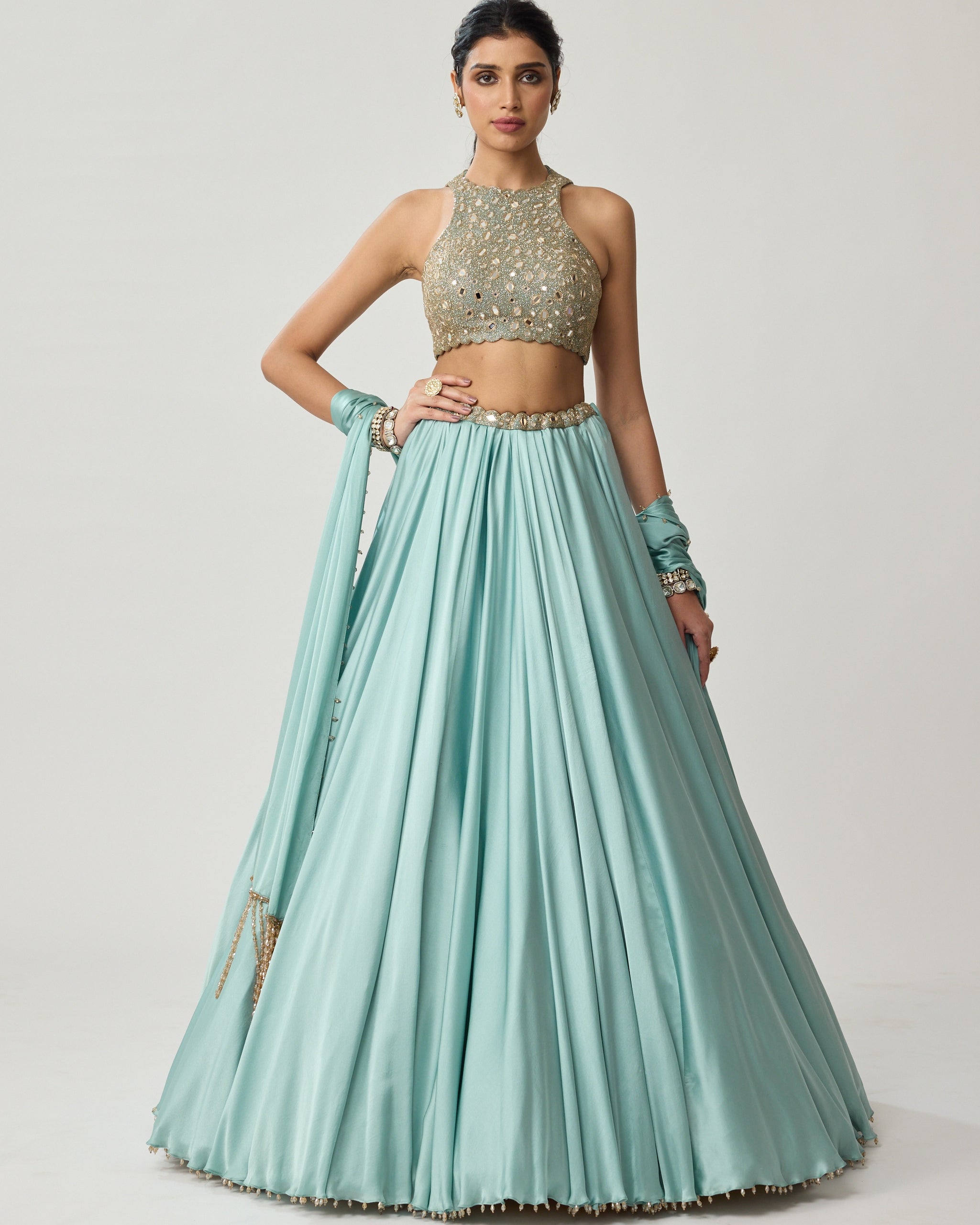 Powder Grey Mirror Satin Sari Set