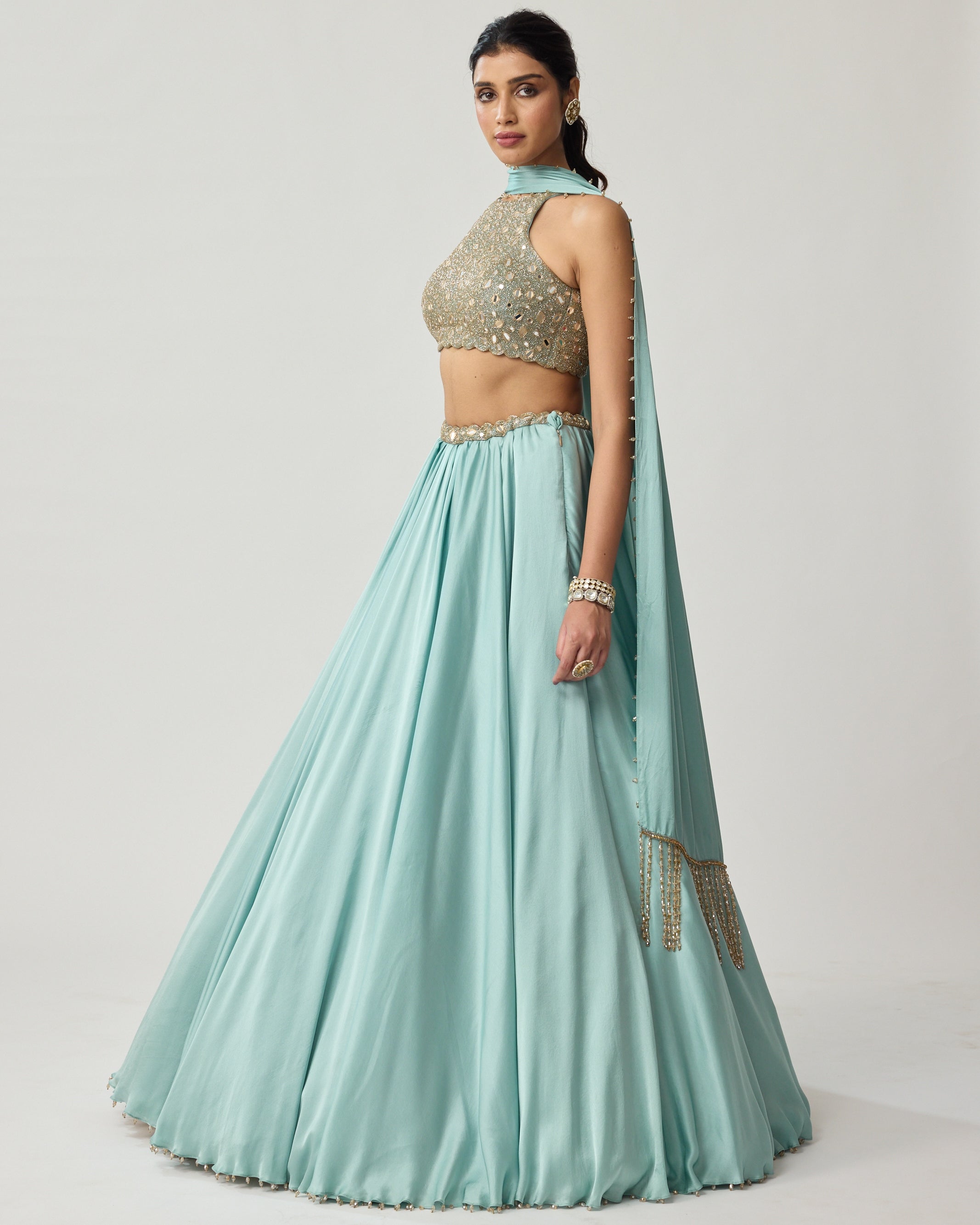 Powder Grey Mirror Satin Sari Set